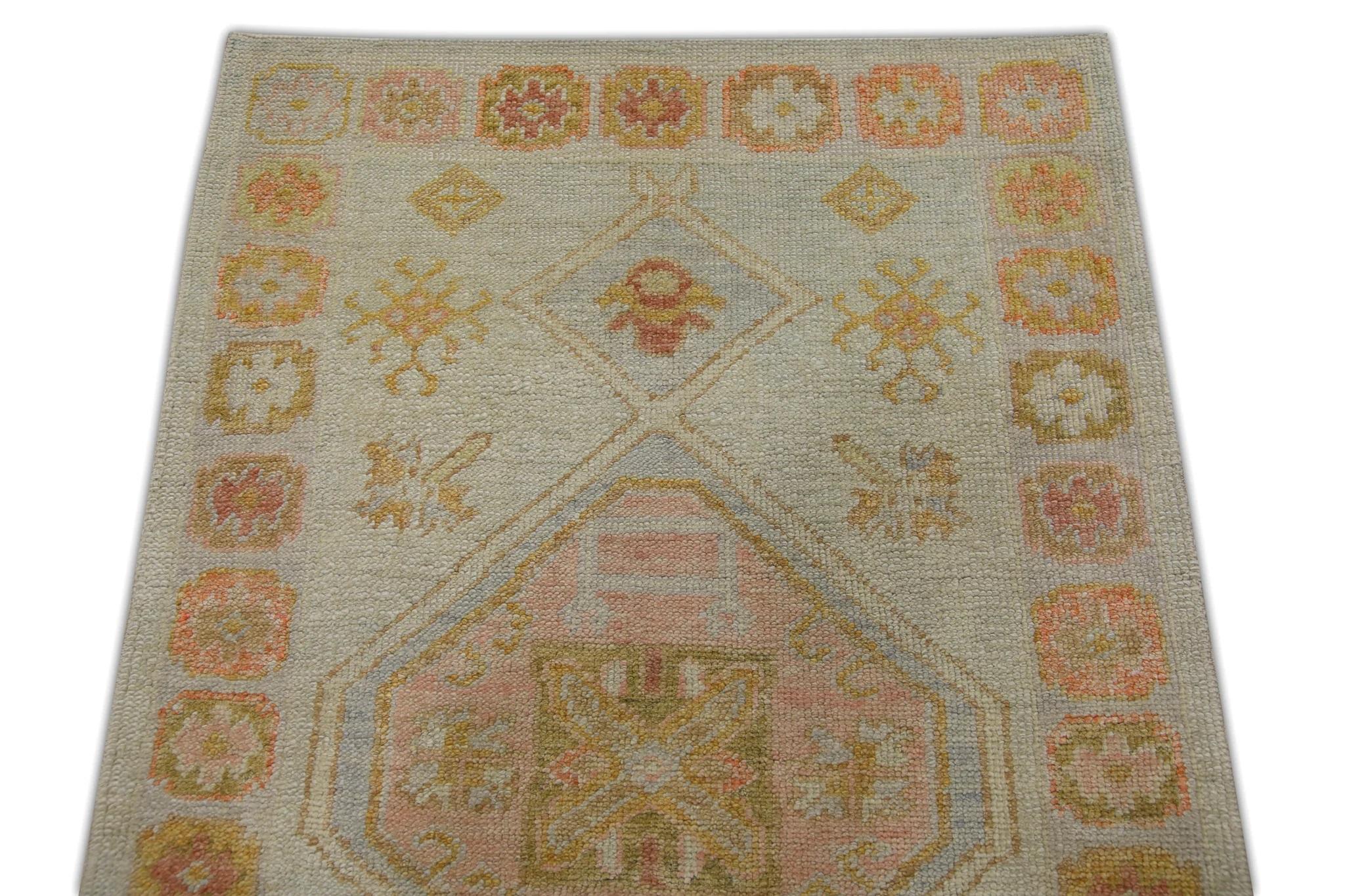 Vegetable Dyed Blue Handwoven Wool Turkish Oushak Rug in Colorful Medallion Pattern 3' x 7'9