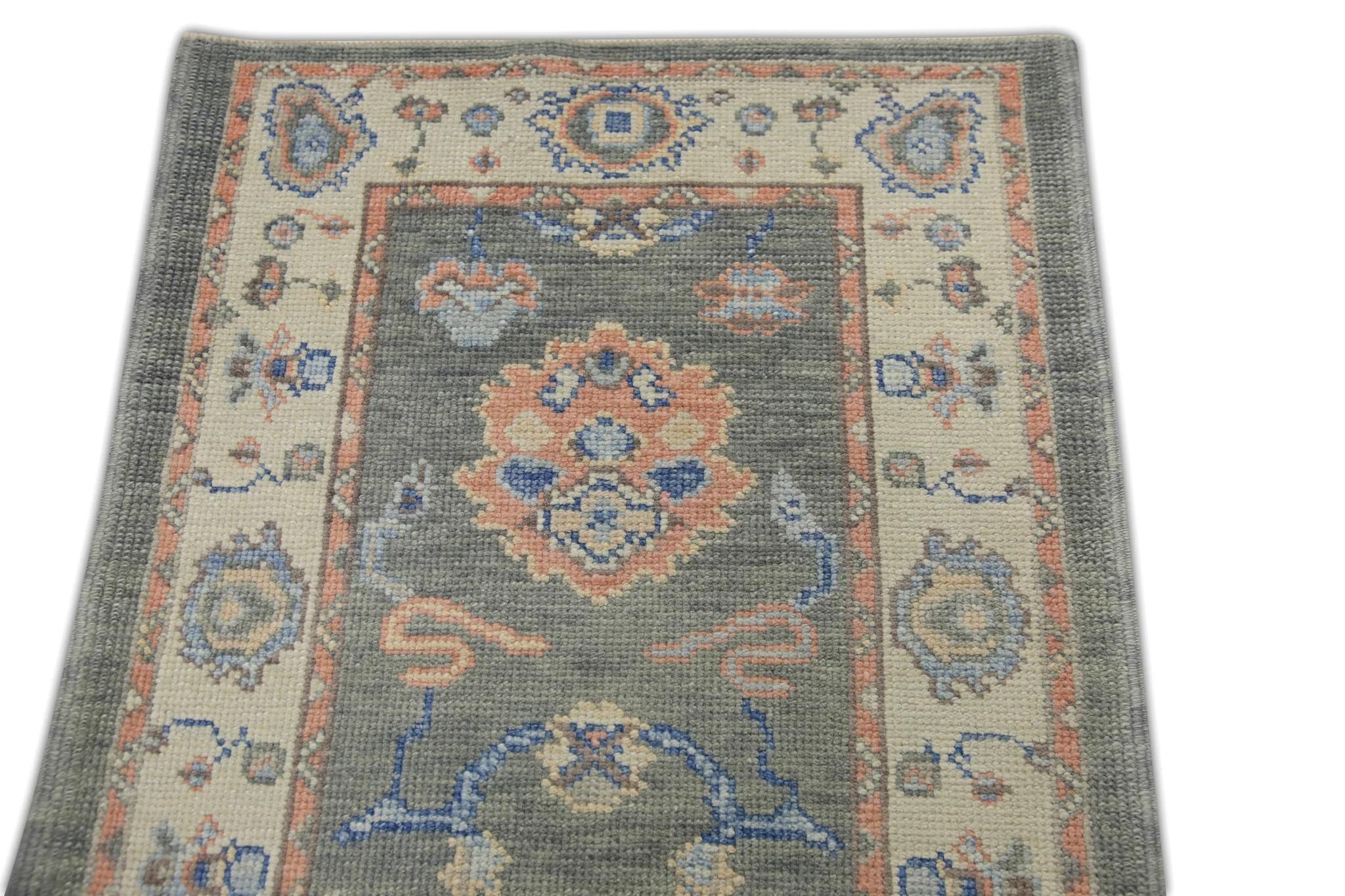 Vegetable Dyed Gray Handwoven Wool Turkish Oushak Rug in Pink & Blue Floral Design 2'7