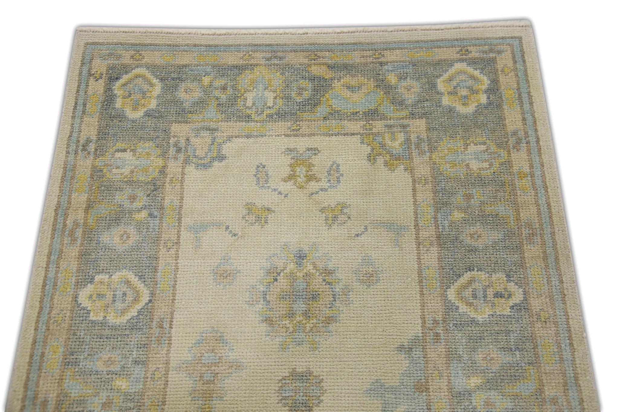 Vegetable Dyed Blue and Yellow Handwoven Wool Floral Design Turkish Oushak Rug 3' x 7'10