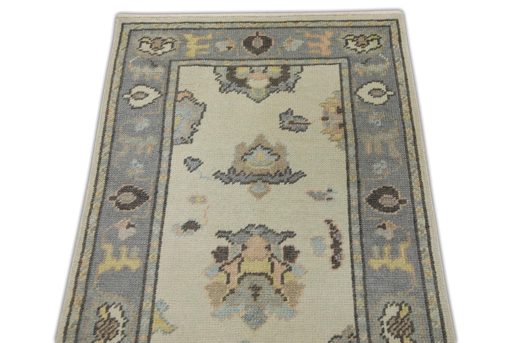 Vegetable Dyed Cream Handwoven Wool Turkish Oushak Rug in Multicolor Floral Design 2'6