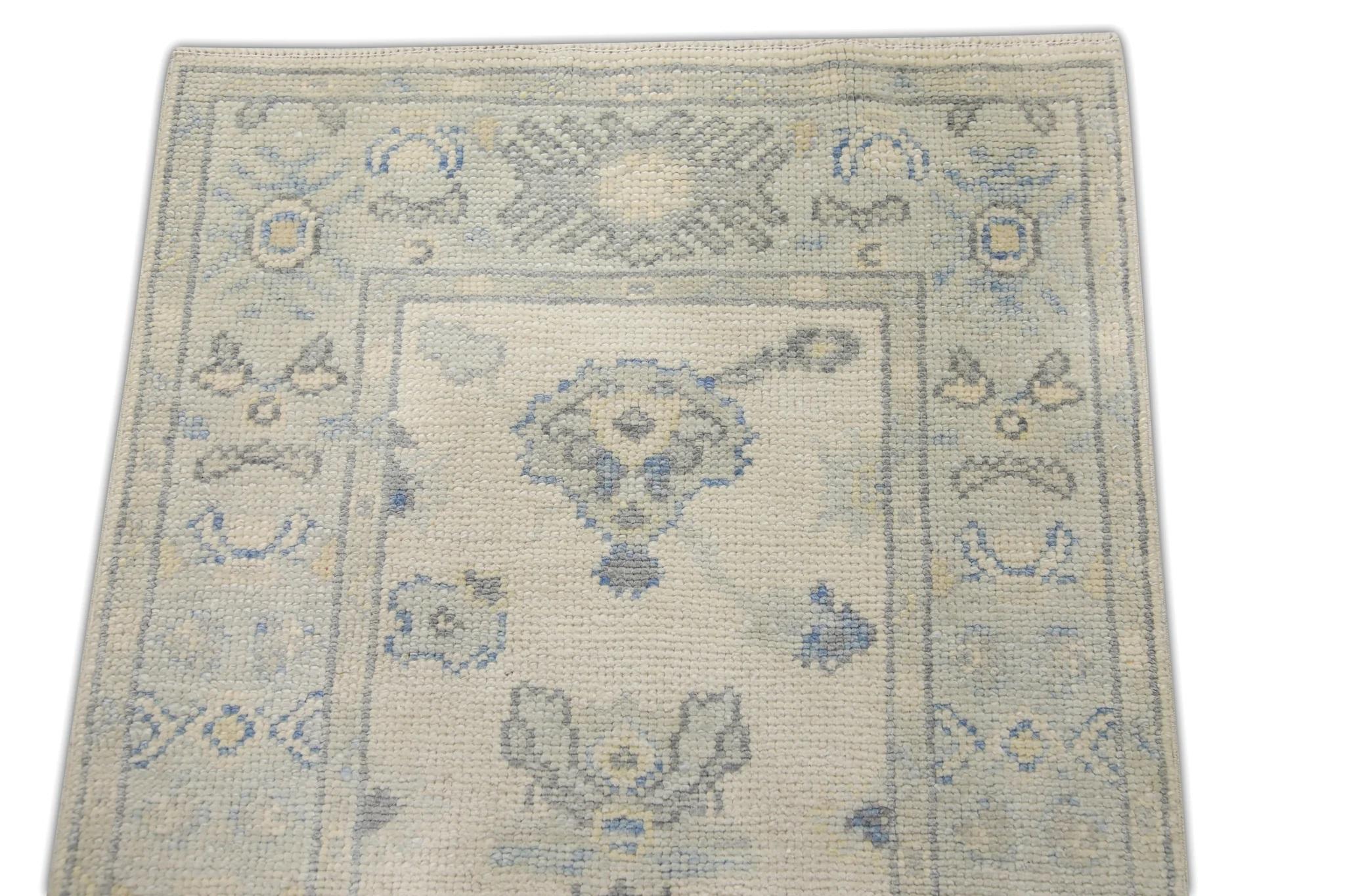 Vegetable Dyed Cream Handwoven Wool Turkish Oushak Rug in Green & Blue Floral Design 2'5