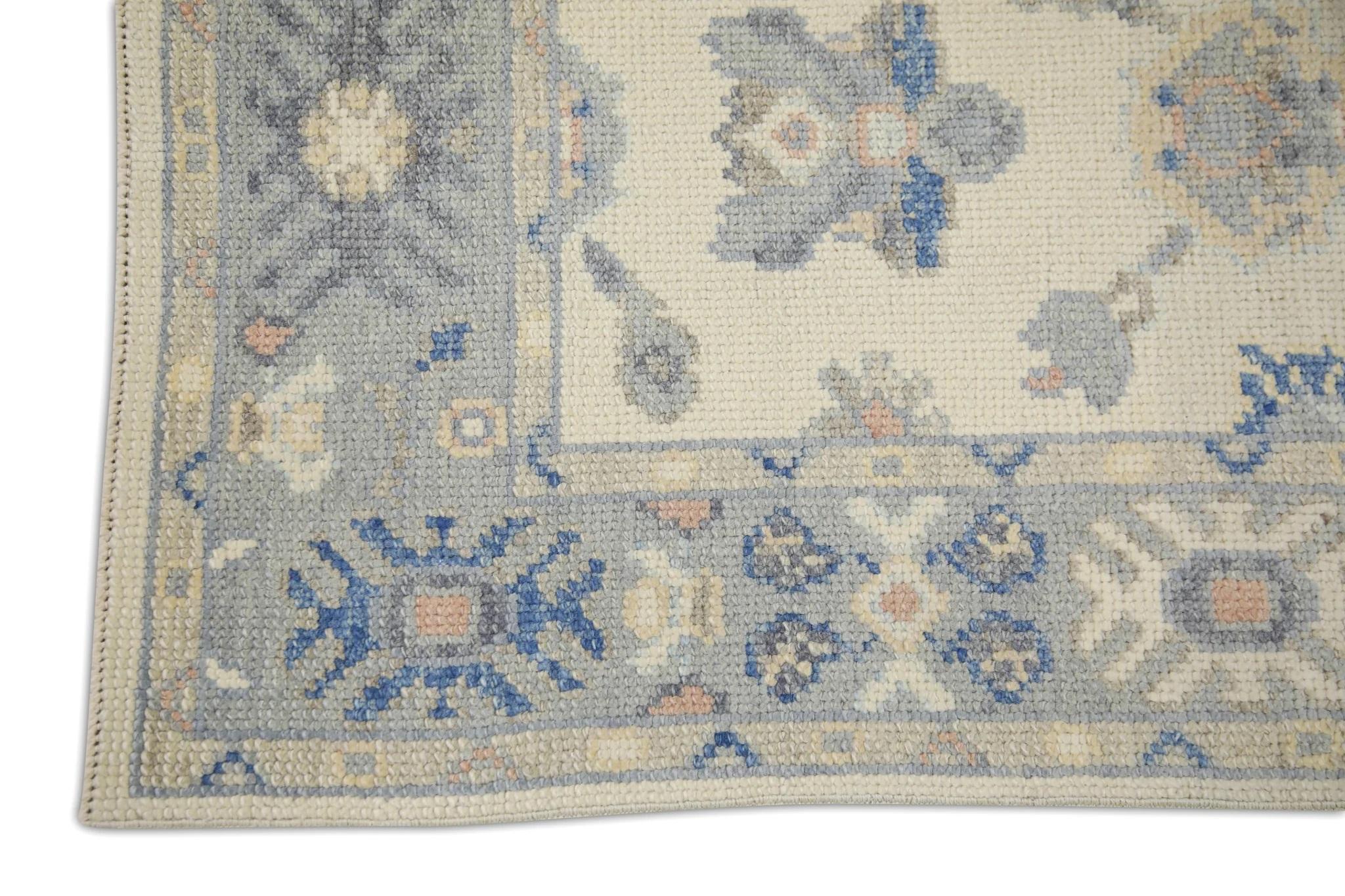 Vegetable Dyed Cream Handwoven Wool Turkish Oushak Rug in Blue Floral Pattern 2'6