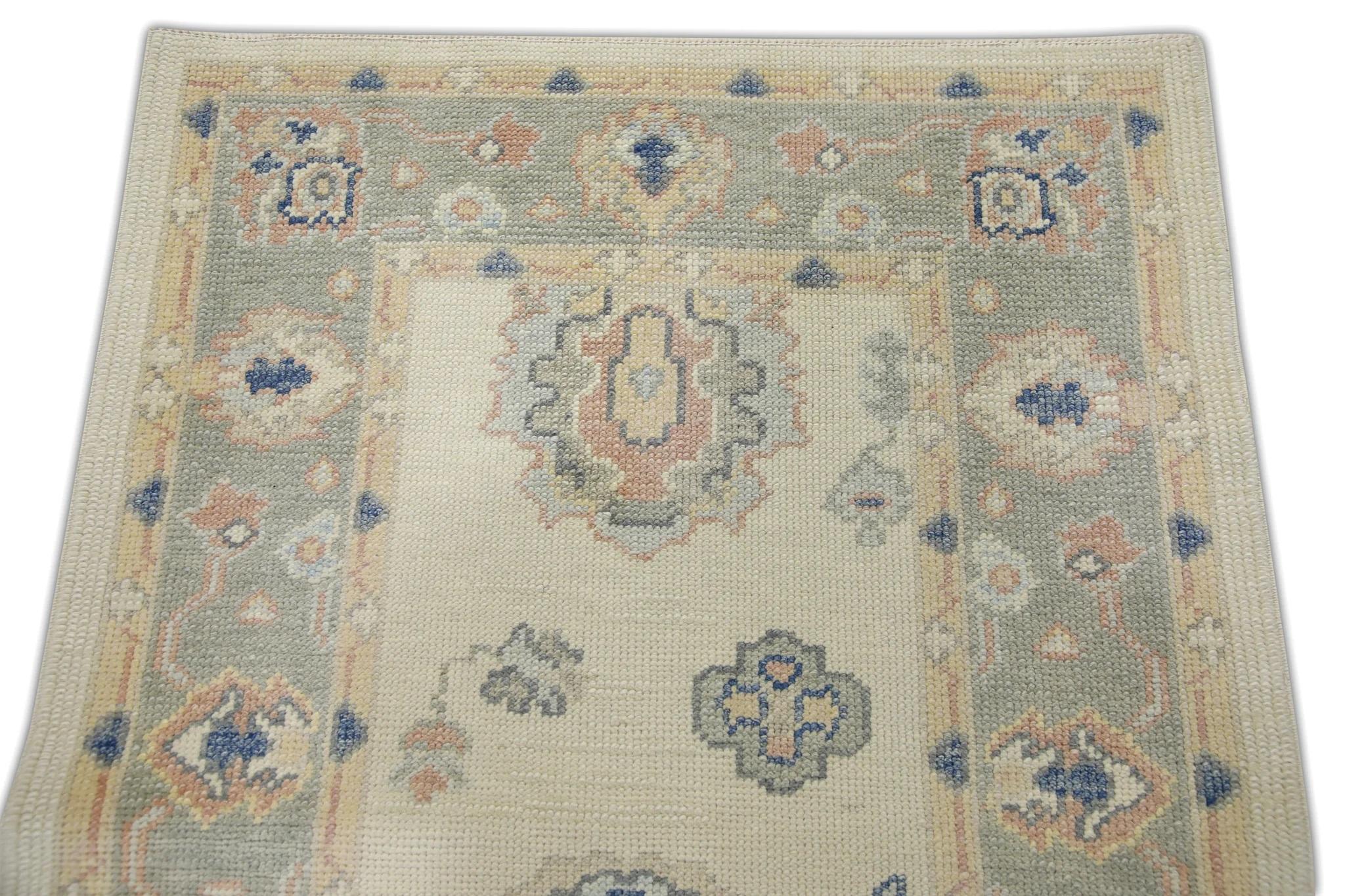 Vegetable Dyed Cream Handwoven Wool Turkish Oushak Rug in Pink & Blue Floral Design 3' x 8'11