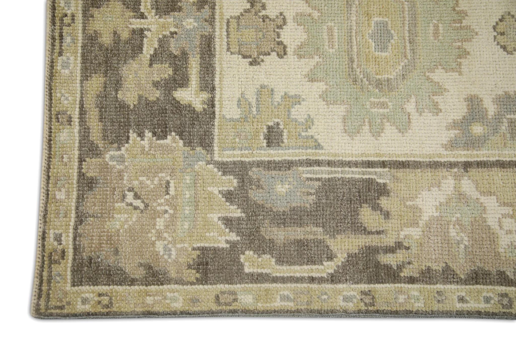 Vegetable Dyed Floral Design Handwoven Wool Turkish Oushak Rug in Brown and Green 2'10