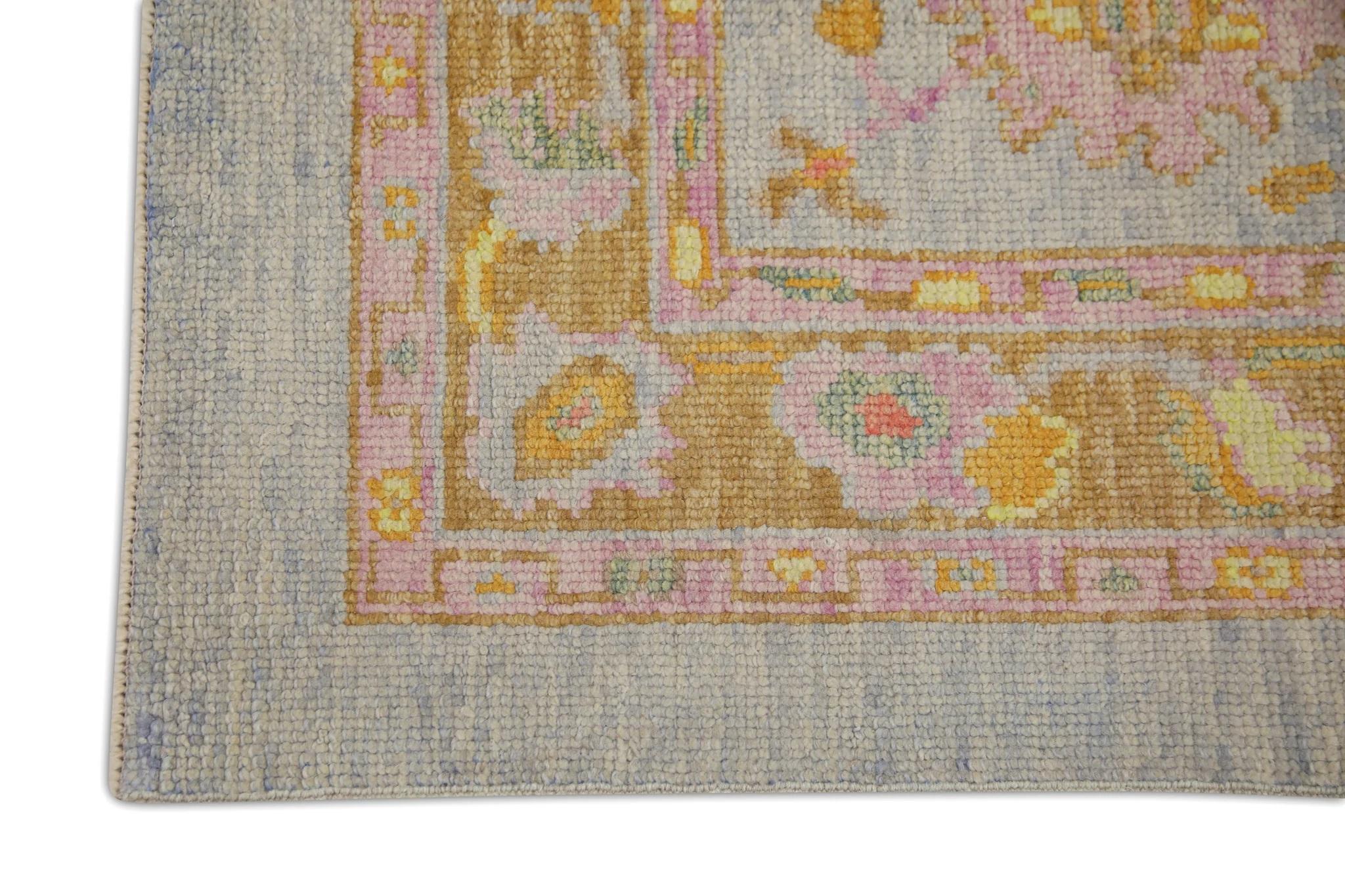 Vegetable Dyed Floral Design Handwoven Wool Turkish Oushak Rug in Blue and Pink 3' x 8'4