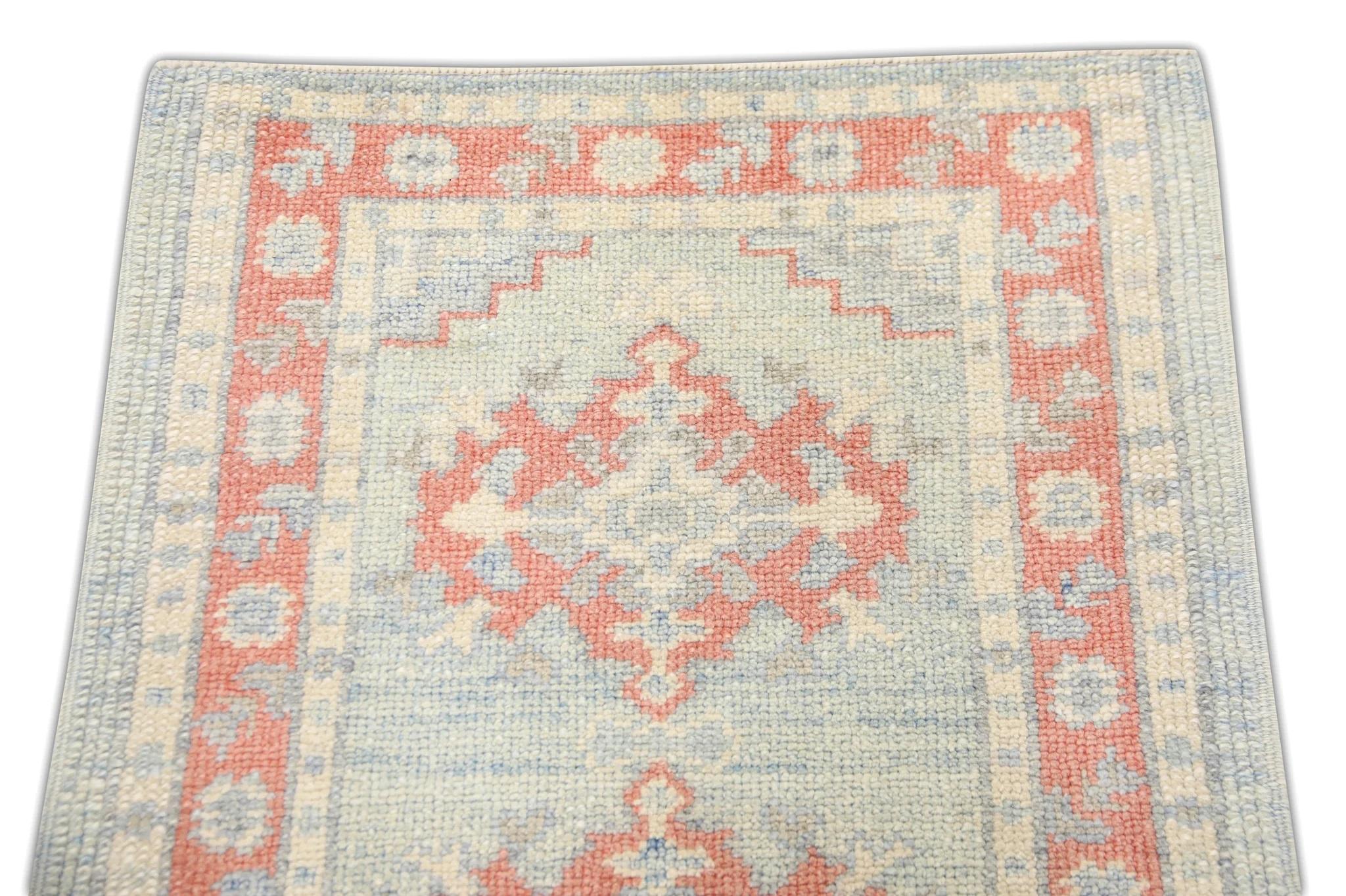 Vegetable Dyed Geometric Design Handwoven Wool Turkish Oushak Rug in Blue and Pink 2'4