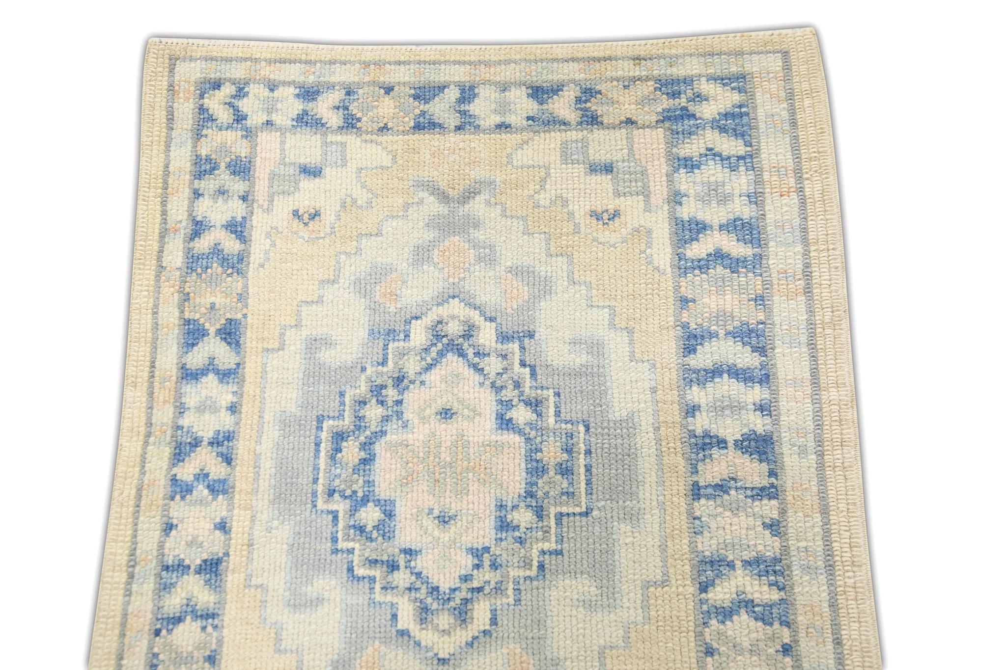Vegetable Dyed Blue and Yellow Geometric Design Handwoven Wool Turkish Oushak Rug 2'3