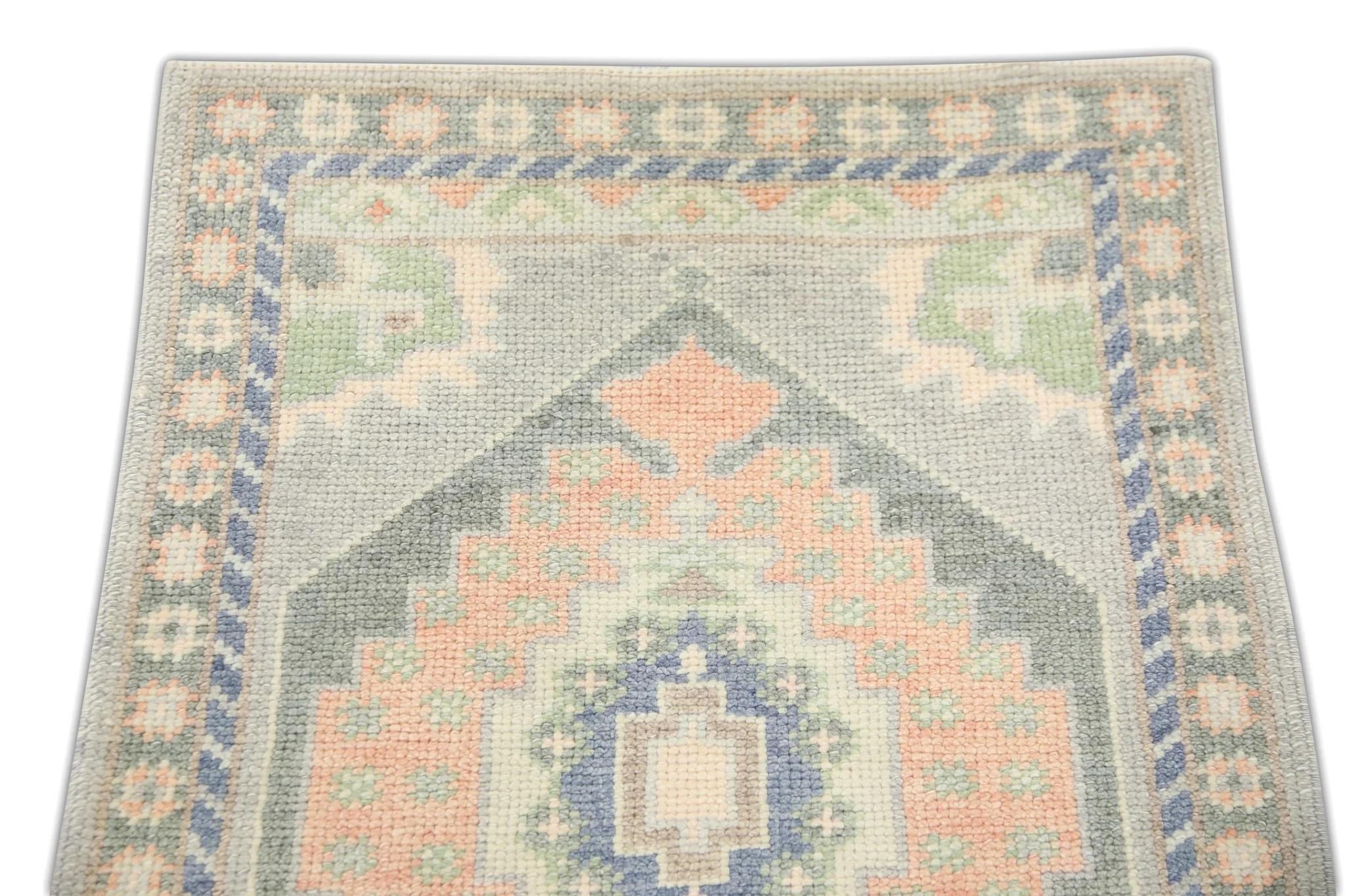 Vegetable Dyed Green & Pink Geometric Medallion Design Handwoven Wool Turkish Oushak Rug 2'2x3'