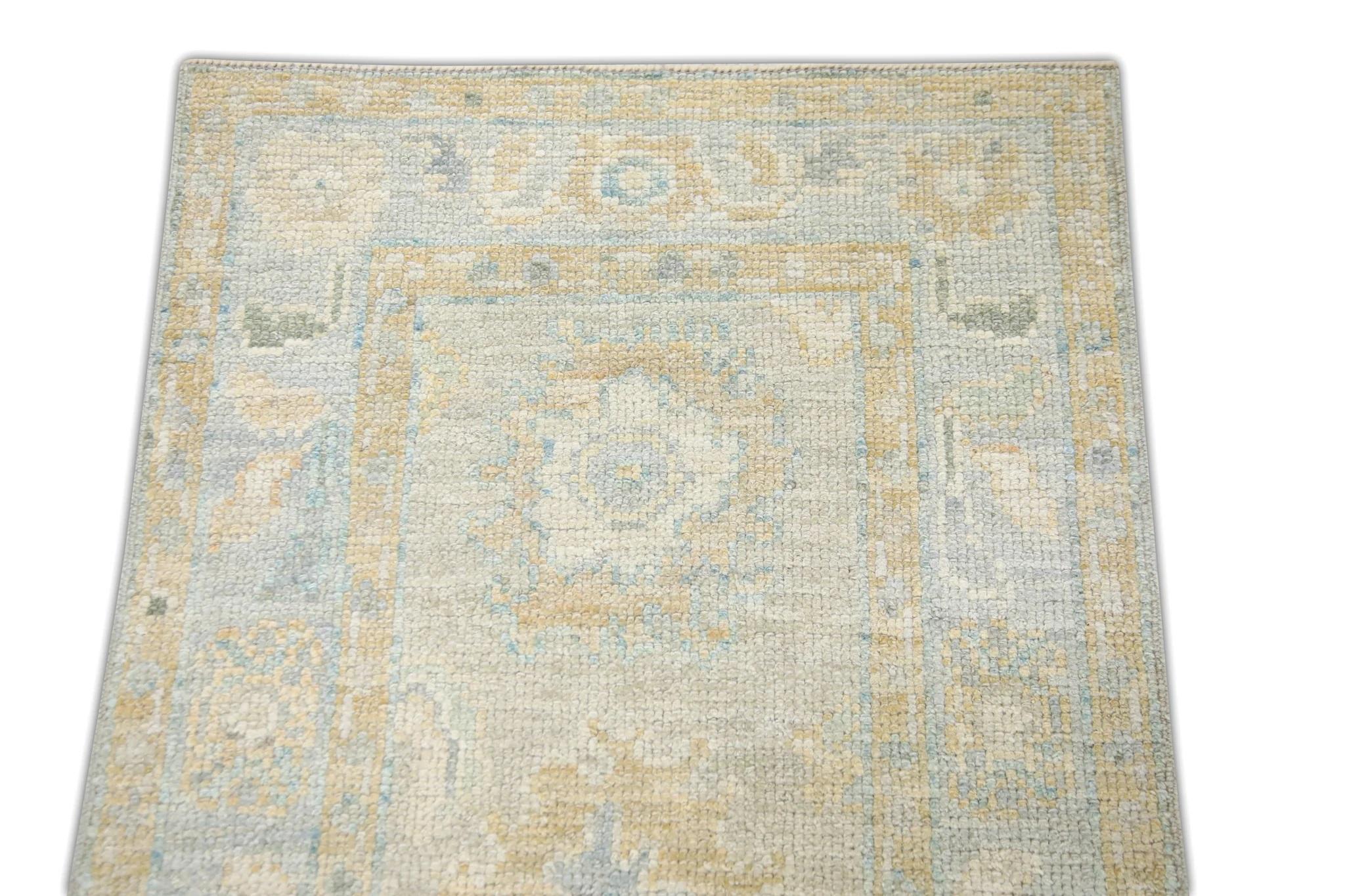 Vegetable Dyed Green and Blue Floral Design Handwoven Wool Turkish Oushak Rug 1'11