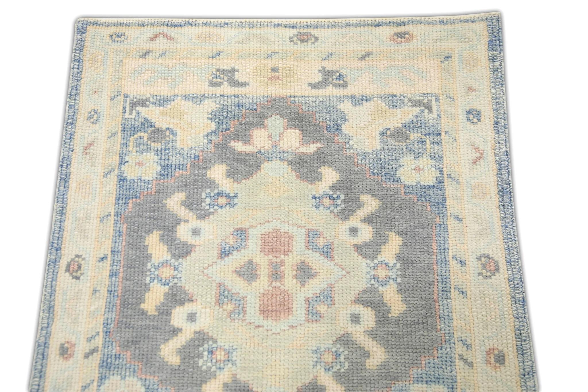 Hand-Woven Green and Blue Floral Handwoven Wool Turkish Oushak Rug 2'4