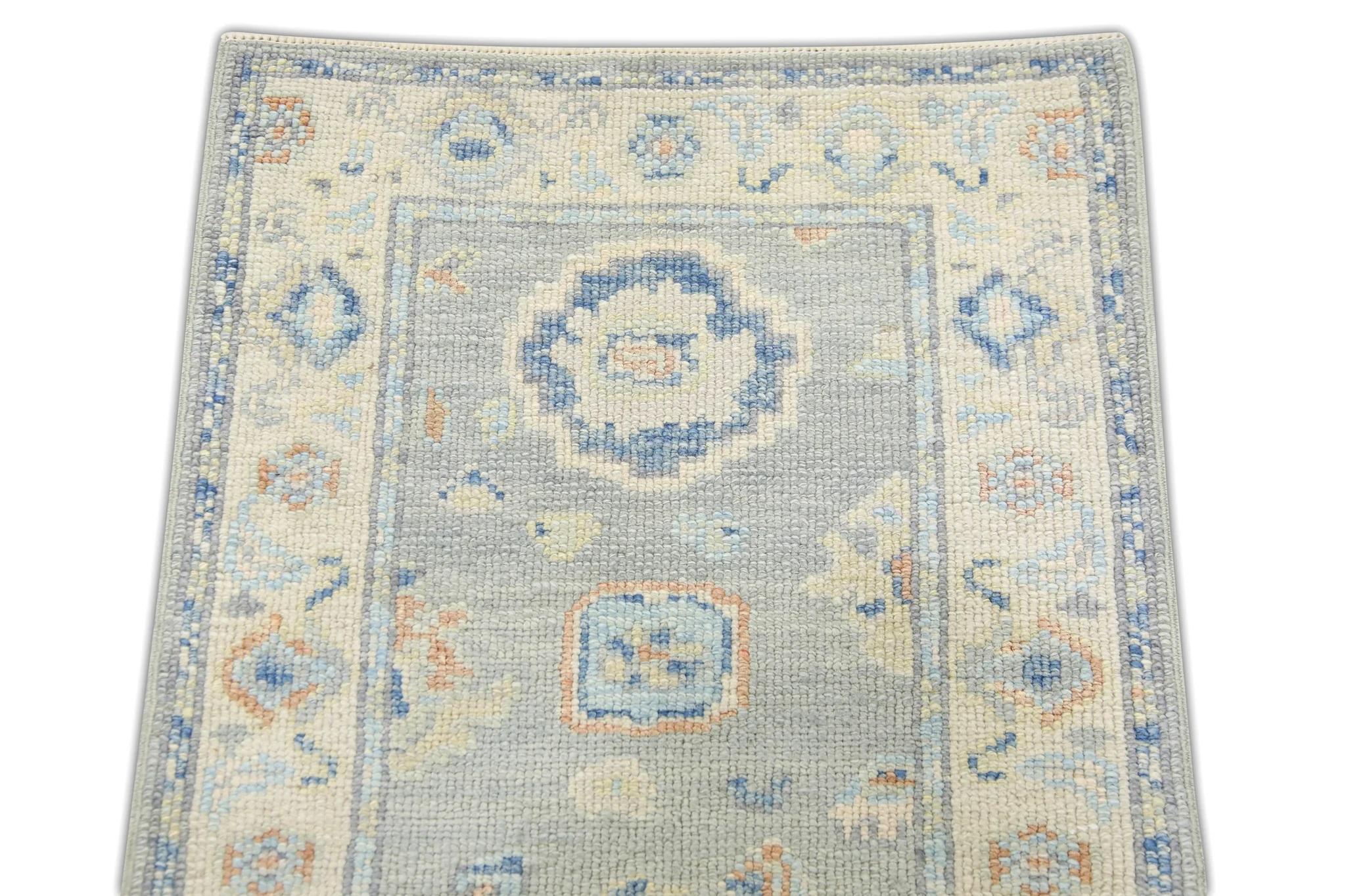 Vegetable Dyed Blue Handwoven Wool Turkish Oushak Rug in Salmon Floral Design 2'1