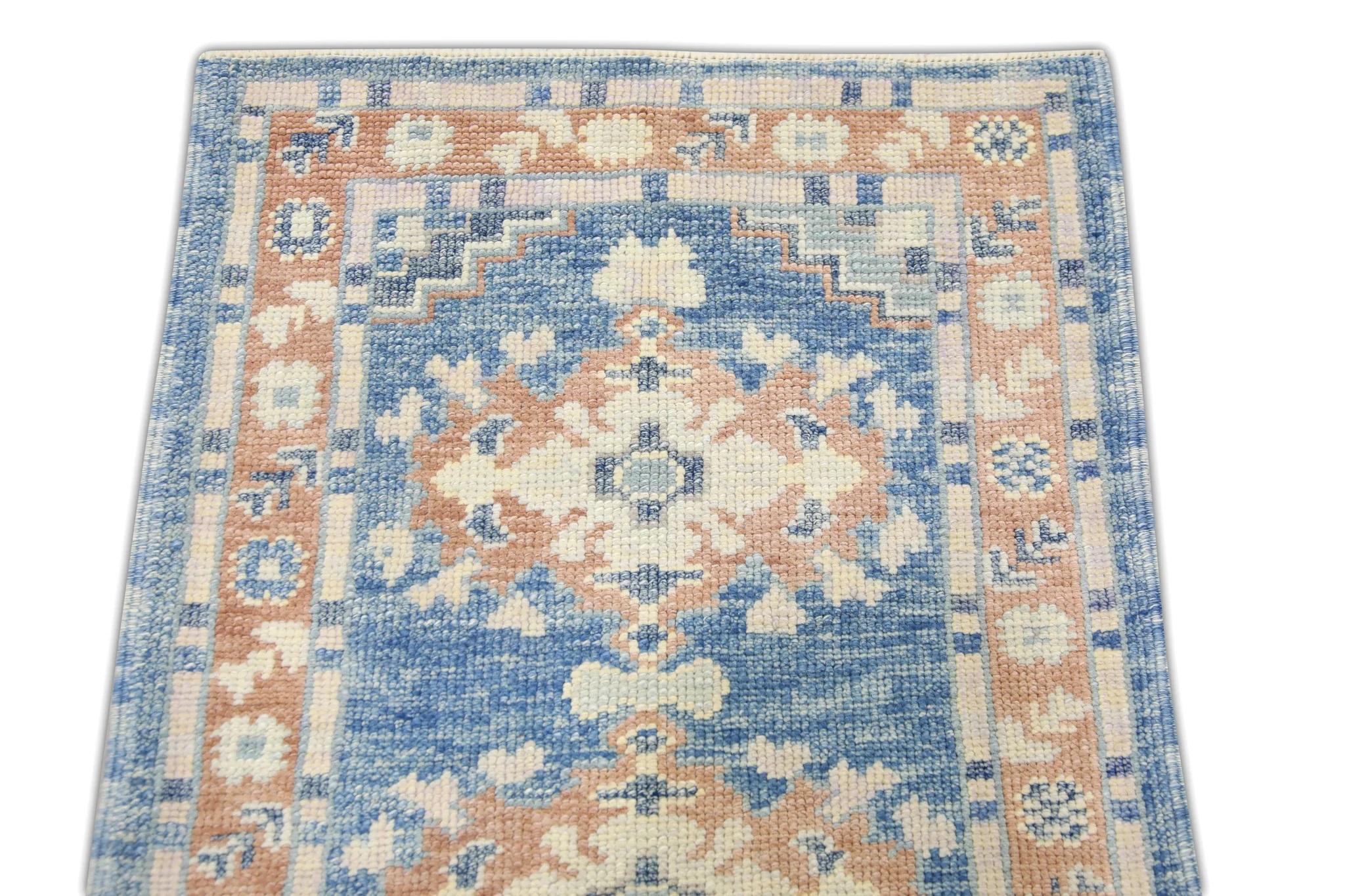 Vegetable Dyed Blue and Salmon Floral Design Handwoven Wool Turkish Oushak Rug 2'4