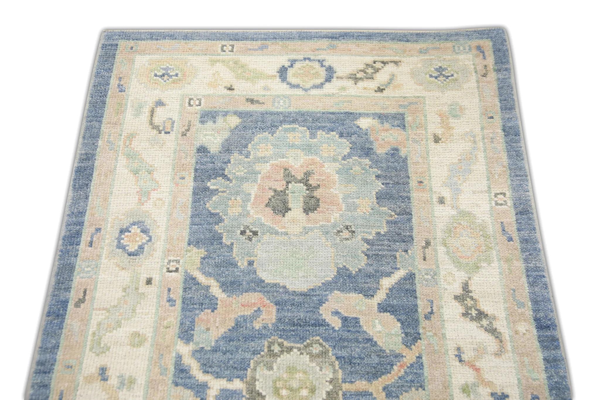 Vegetable Dyed Blue and Pink Floral Handwoven Wool Turkish Oushak Rug 2'10