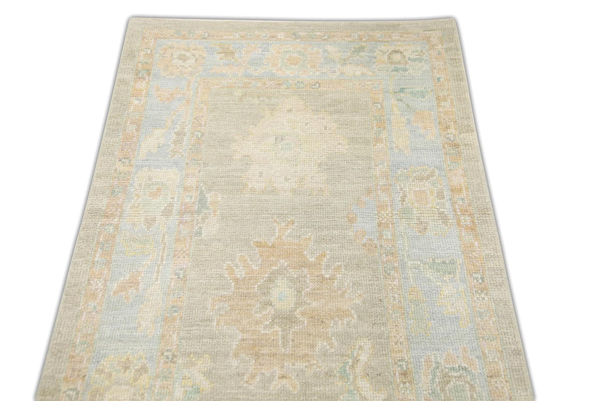 Vegetable Dyed Brown and Blue Floral Design Handwoven Wool Turkish Oushak Rug 3' x 5'5