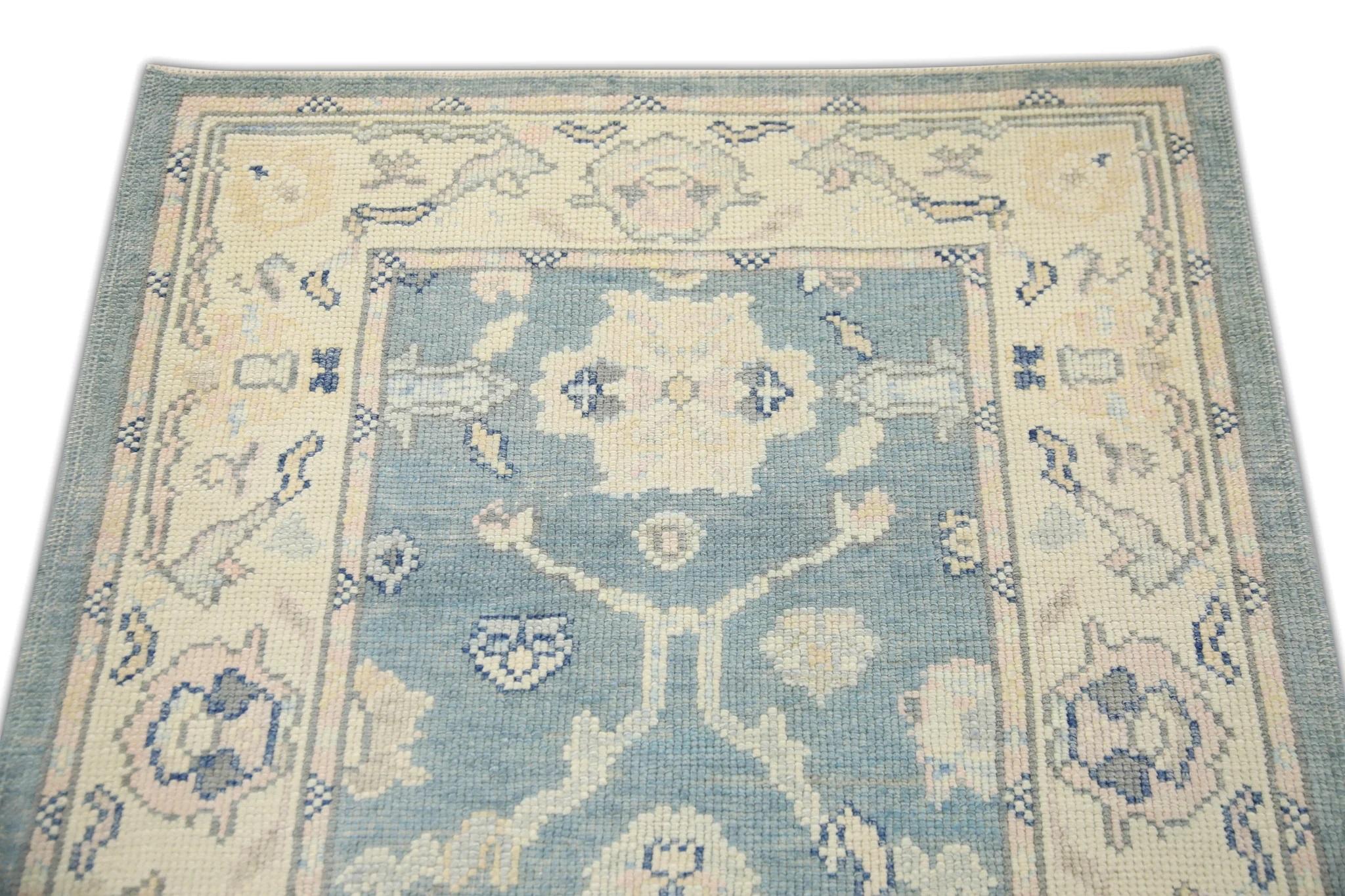 Vegetable Dyed Handwoven Wool Turkish Oushak Rug in Blue Floral Design 3' x 4'10