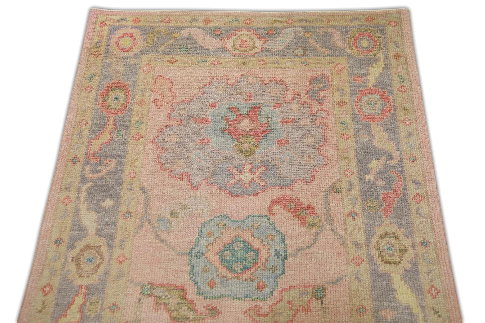 Vegetable Dyed Pink and Purple Floral Handwoven Wool Turkish Oushak Rug 3'1
