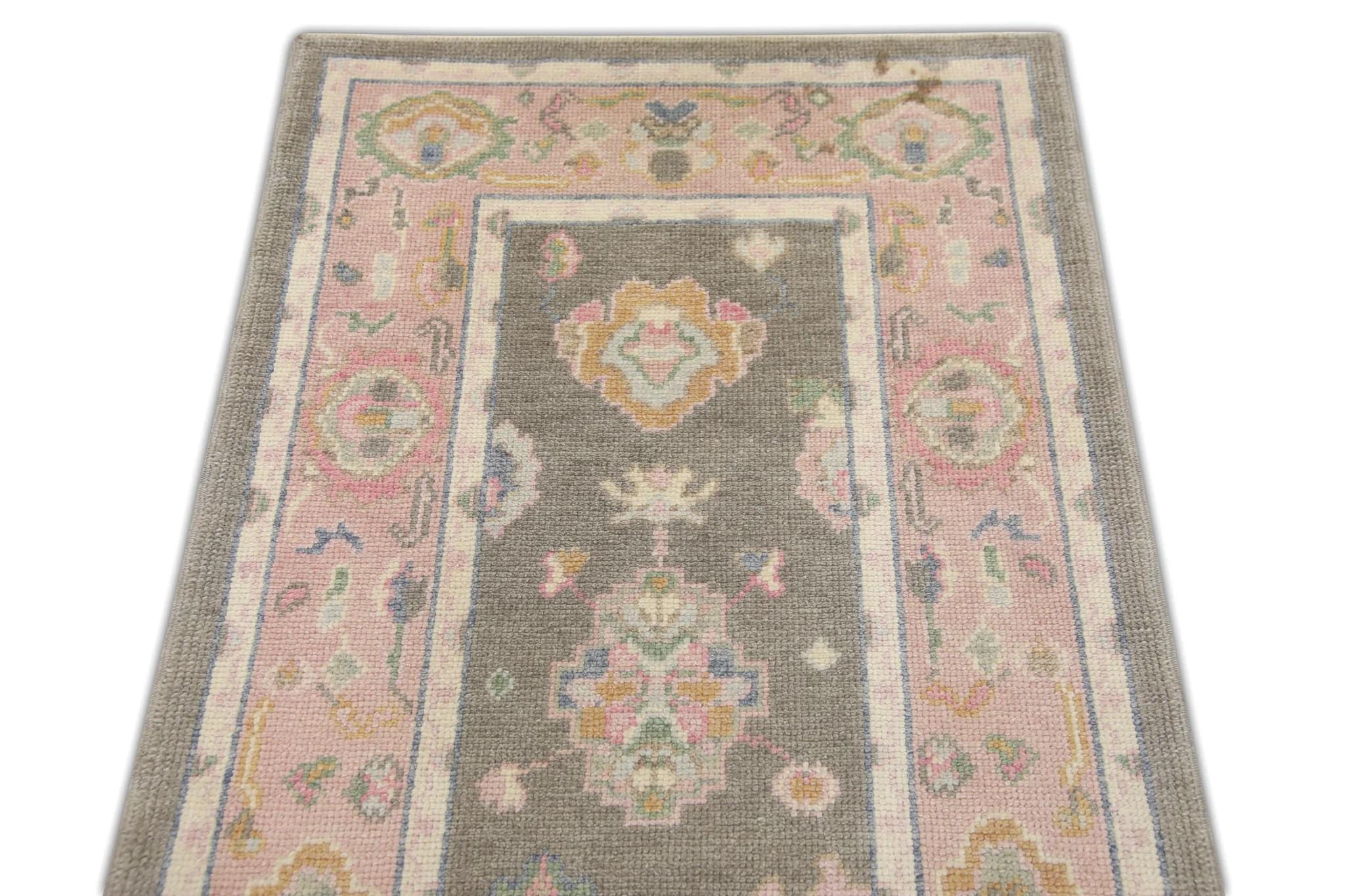 Hand-Woven Gray and Pink Handwoven Wool Turkish Oushak Rug in Floral Pattern 3'1