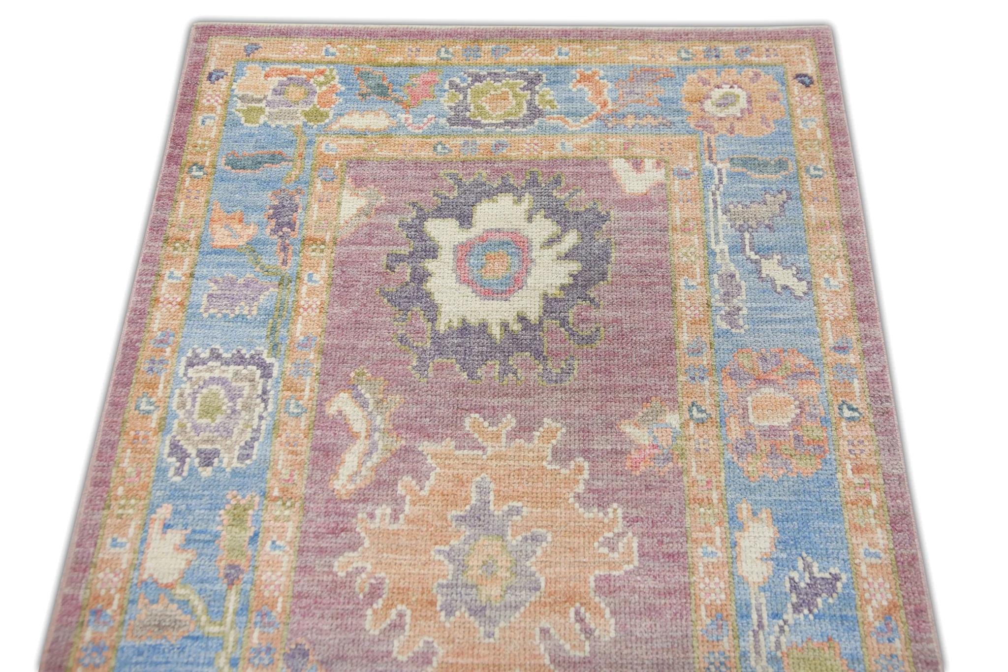 Vegetable Dyed Colorful Purple Handwoven Wool Turkish Oushak Rug in Floral Design 3' x 5' For Sale