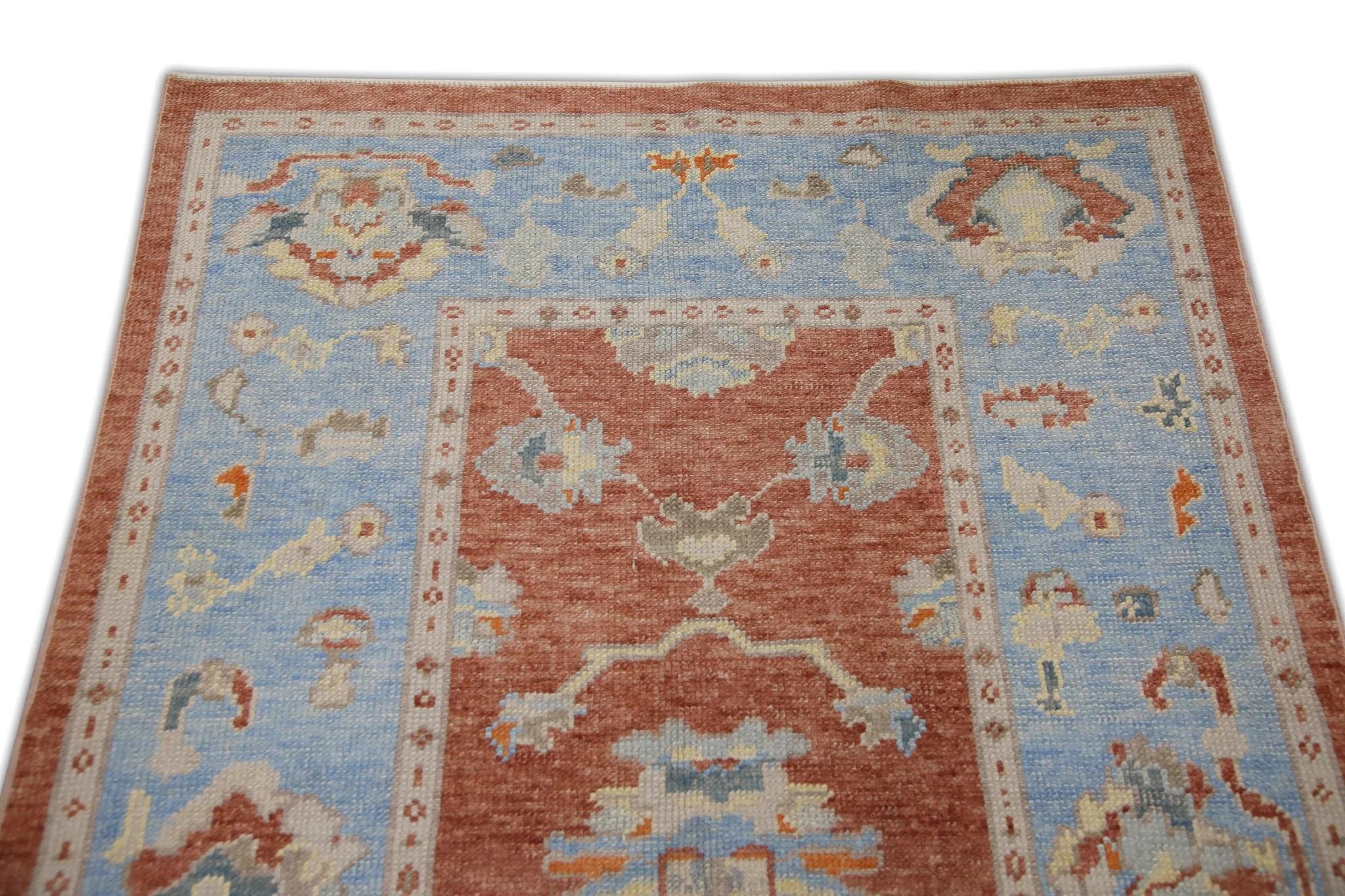 Vegetable Dyed Red and Baby Blue Floral Handwoven Wool Turkish Oushak Rug 4' x 6'2