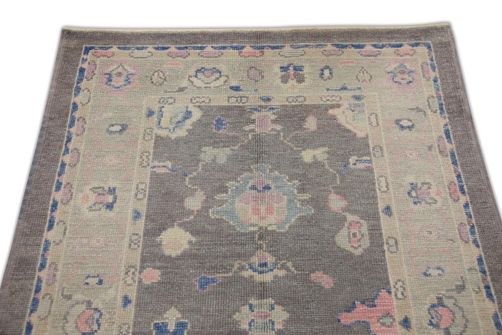 Vegetable Dyed Dark Mauve Handwoven Wool Turkish Oushak Rug in Colorful Floral Design 4' x 5'11 For Sale