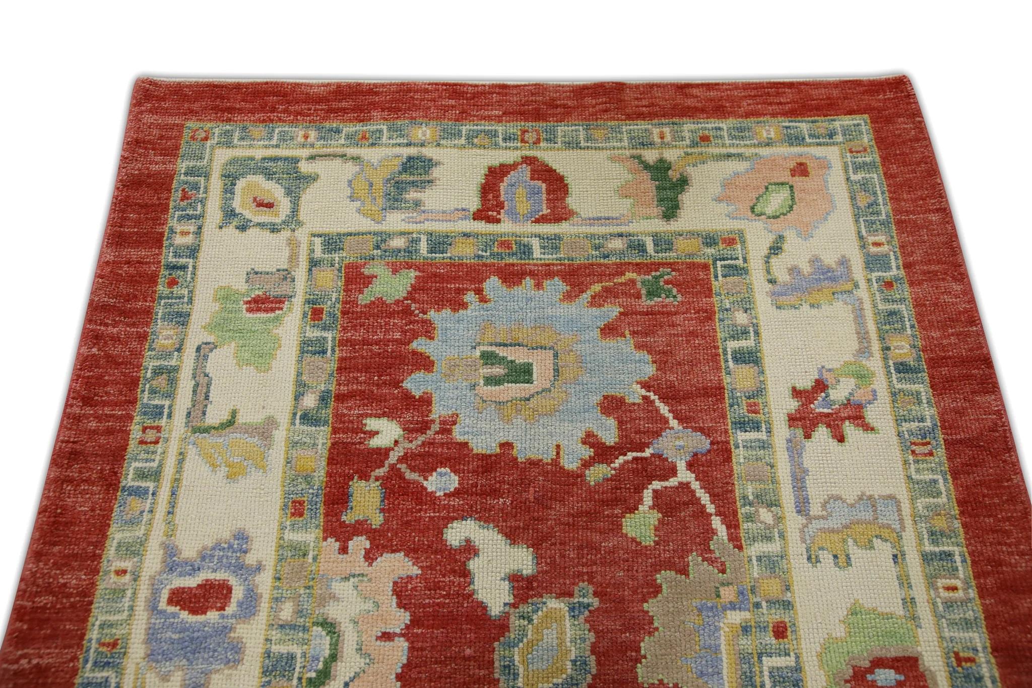 Vegetable Dyed Red Handwoven Wool Turkish Oushak Rug in Blue & Green Floral Design 4'3