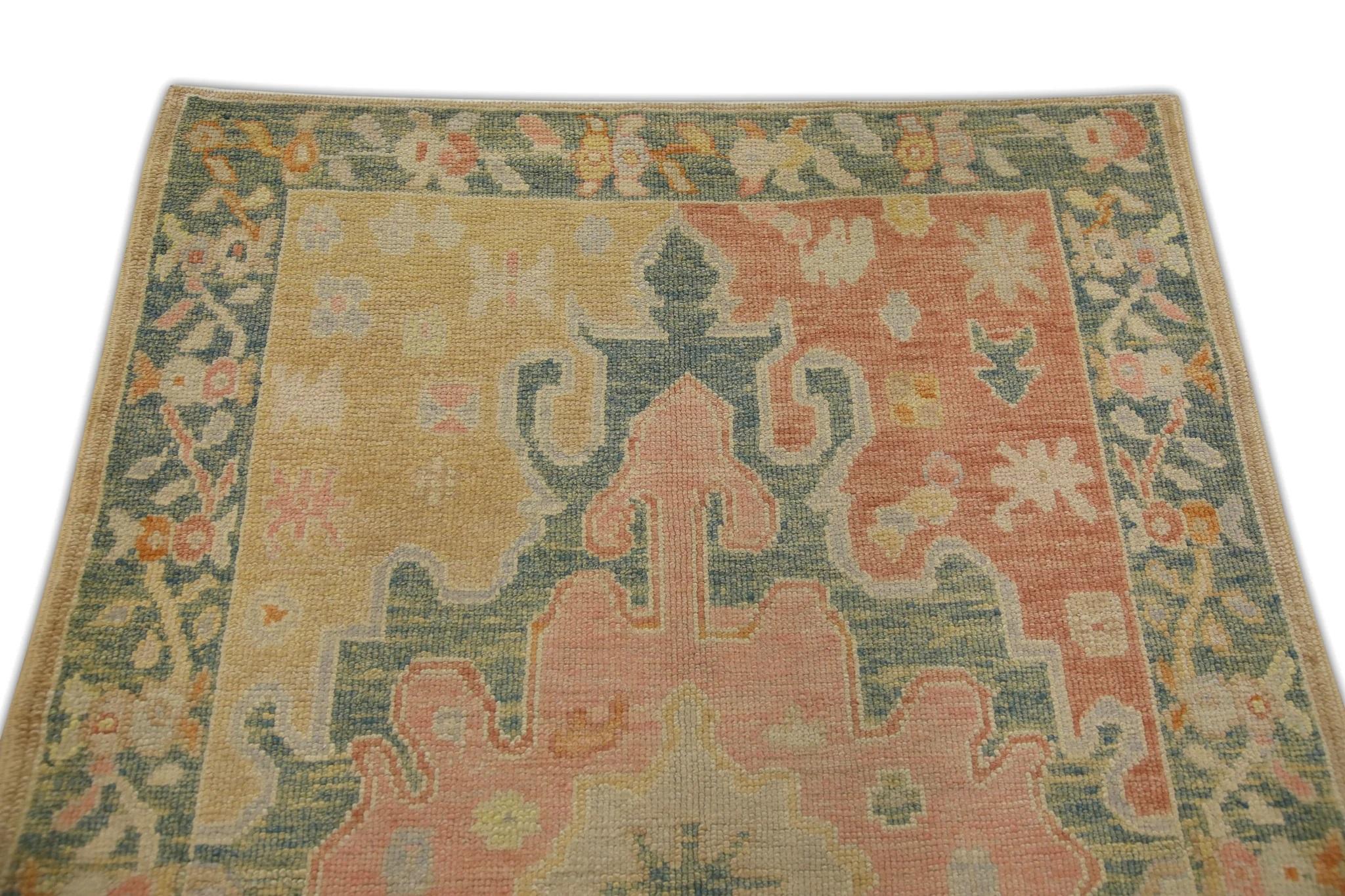 Vegetable Dyed Green and Pink Floral Handwoven Wool Turkish Oushak Rug 4'1