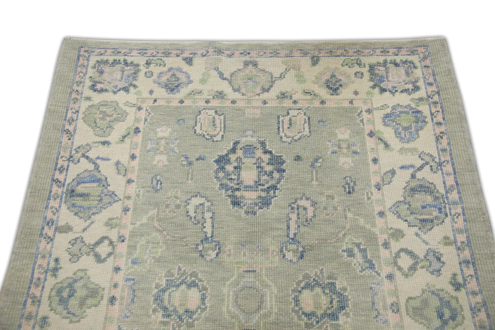Vegetable Dyed Green and Blue Handwoven Wool Turkish Oushak Rug in Floral Pattern 4' x 5'5