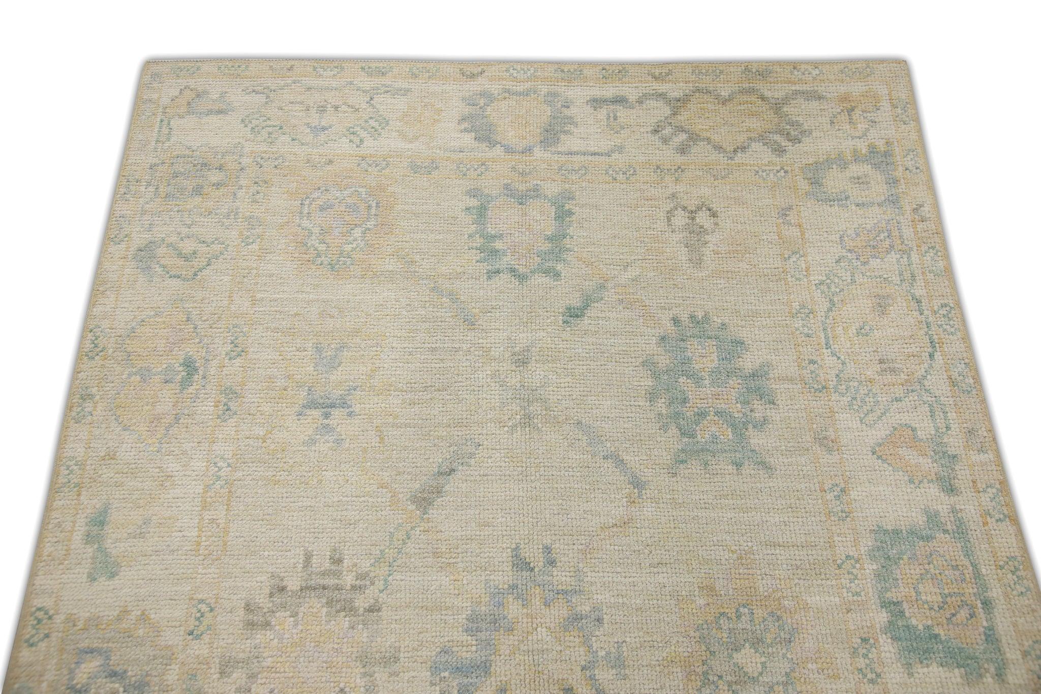 Hand-Woven Multicolor Handwoven Wool Turkish Oushak Rug in Floral Design 4' x 5'9