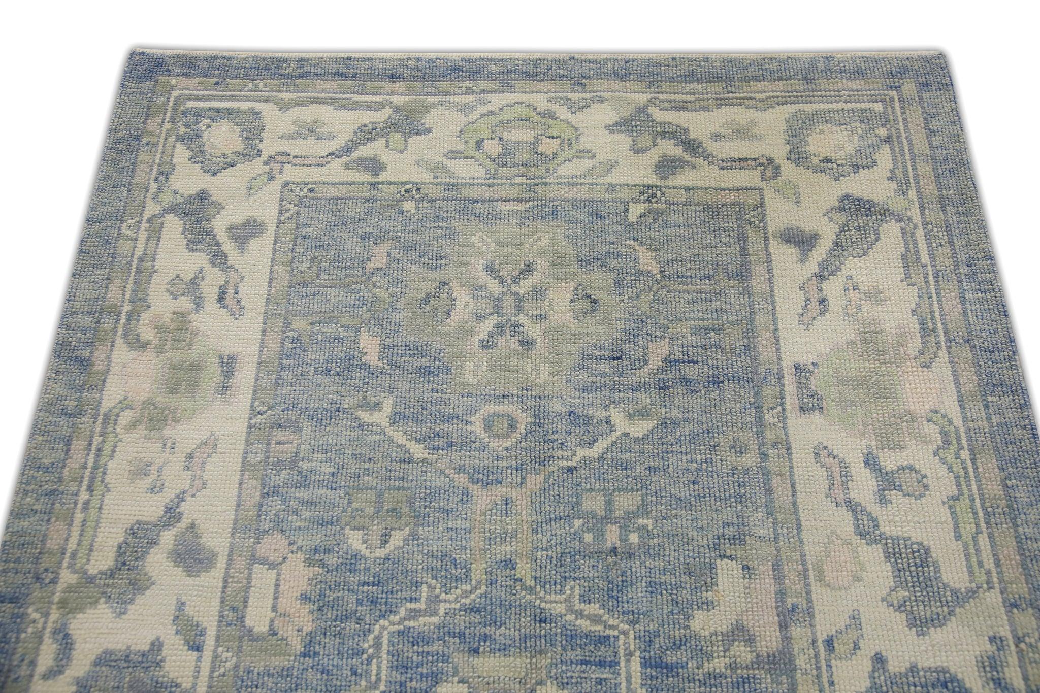 Vegetable Dyed Blue Handwoven Wool Turkish Oushak Rug with Green Floral Pattern 4'1