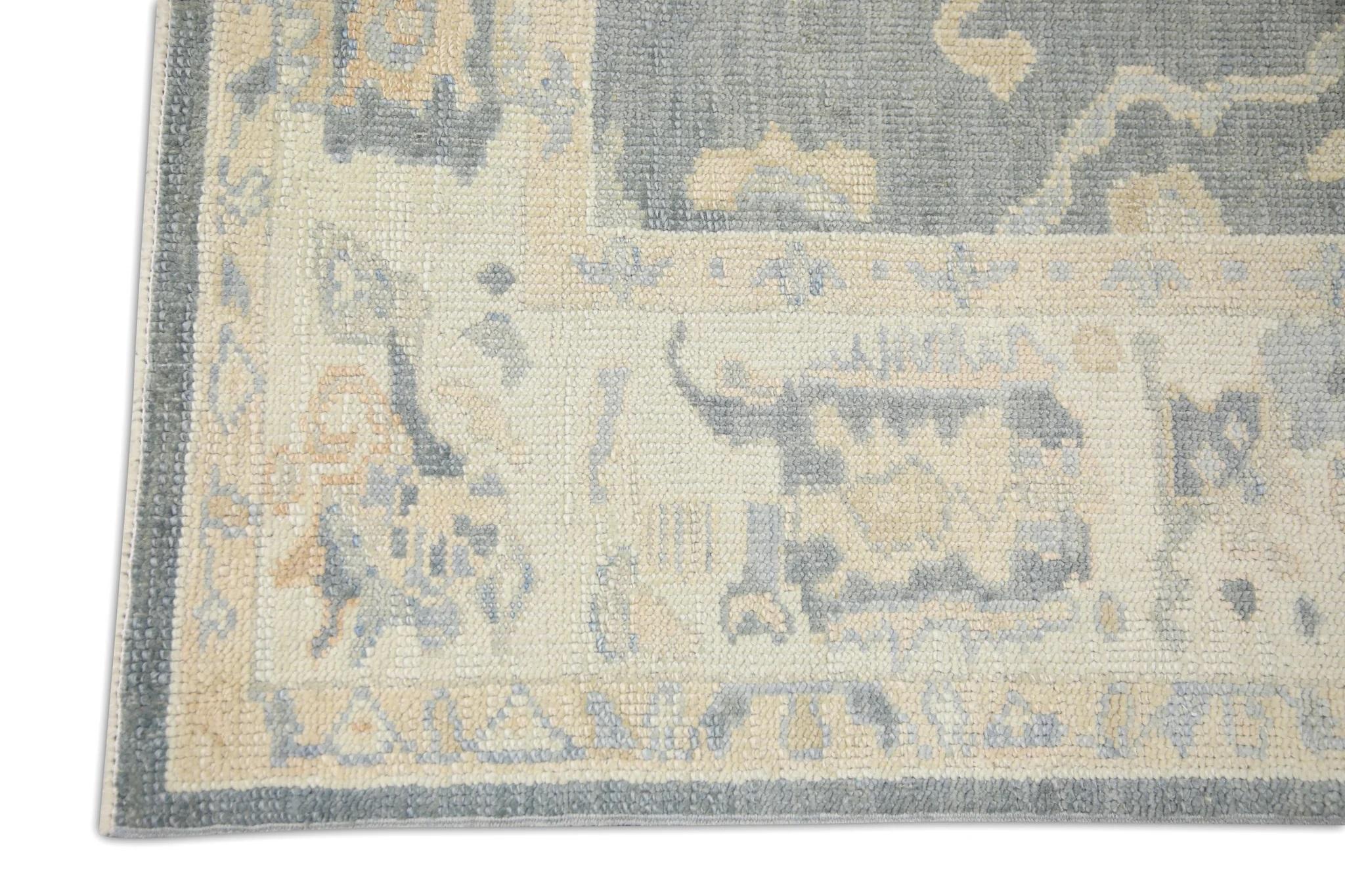 Vegetable Dyed Gray Multicolor Handwoven Wool Floral Turkish Oushak Rug 5'7