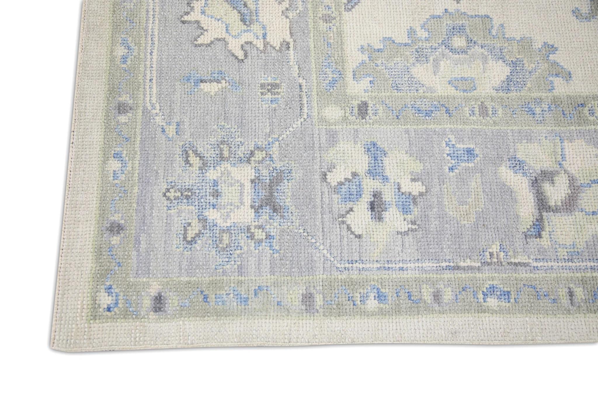 Vegetable Dyed Blue and Green Floral Handwoven Wool Turkish Oushak Rug 4'10