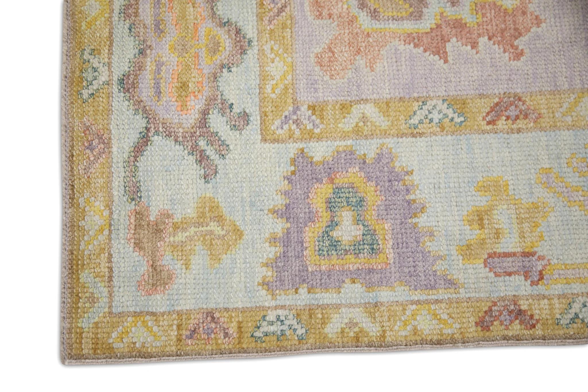 Vegetable Dyed Purple Colorful Floral Handwoven Wool Turkish Oushak Rug 4'10