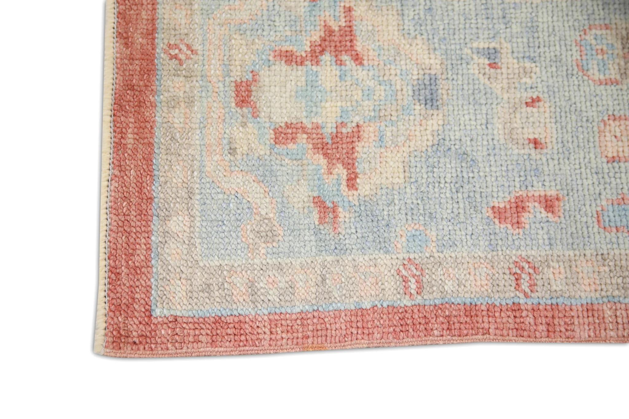 Red Handwoven Wool Turkish Oushak Rug in Blue Floral Pattern 4'9