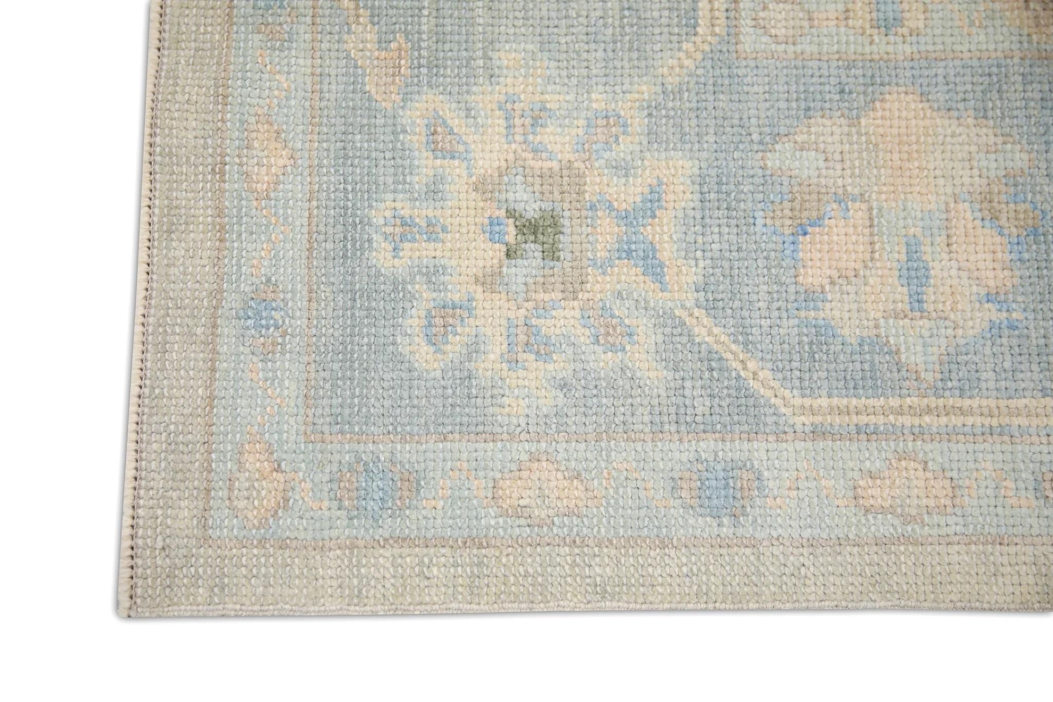 Blue and Pink Floral Handwoven Wool Turkish Oushak Rug 5'1