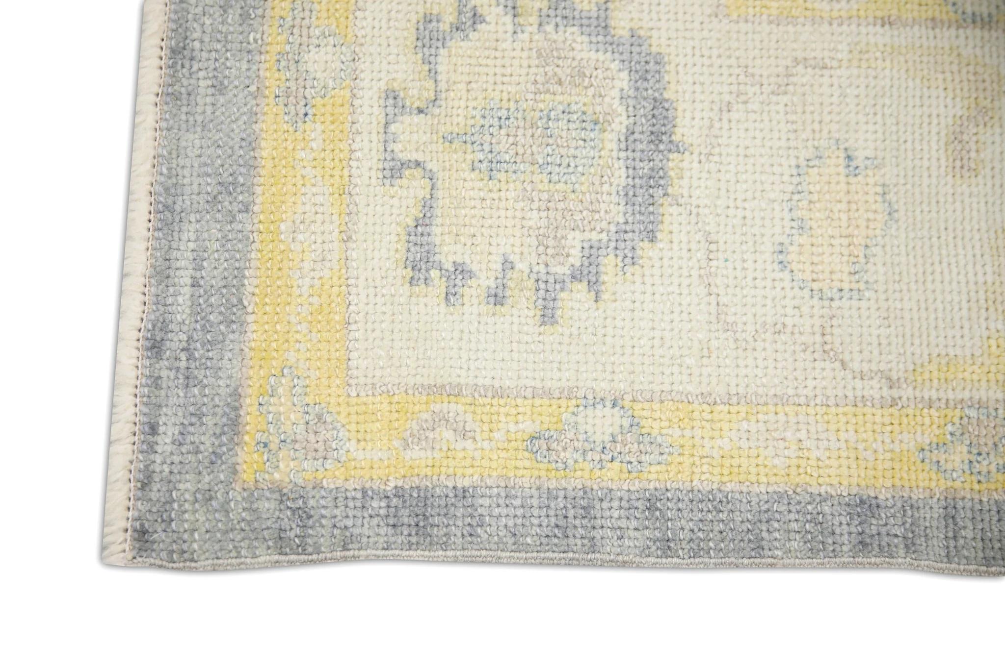 Gray and Yellow Floral Handwoven Wool Turkish Oushak Rug 5'2