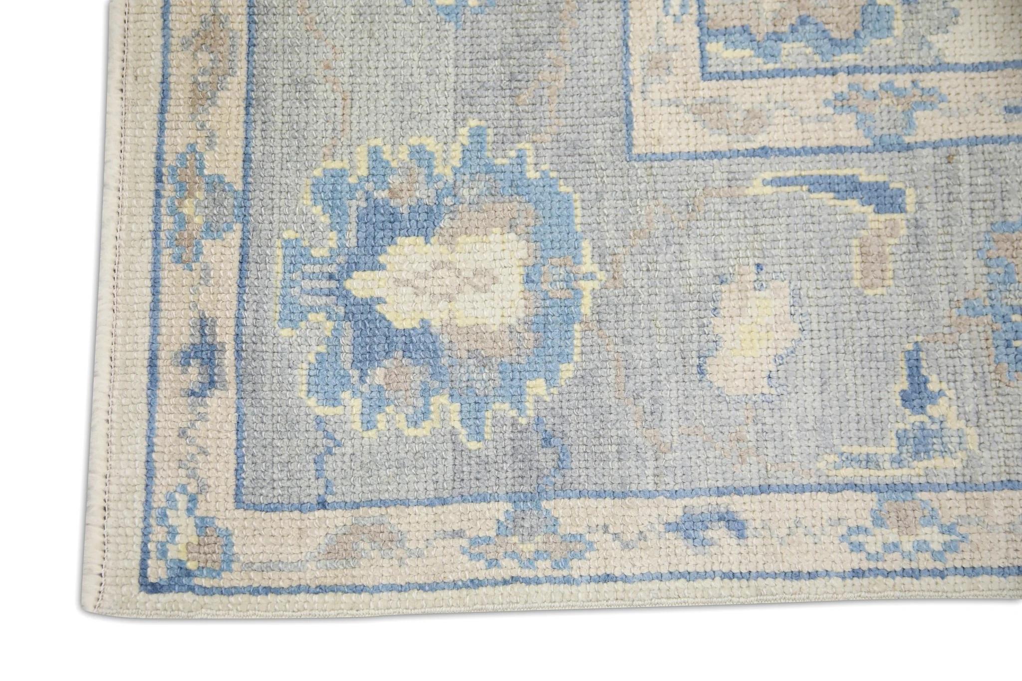 Blue Floral Handwoven Wool Turkish Oushak Rug 4'10