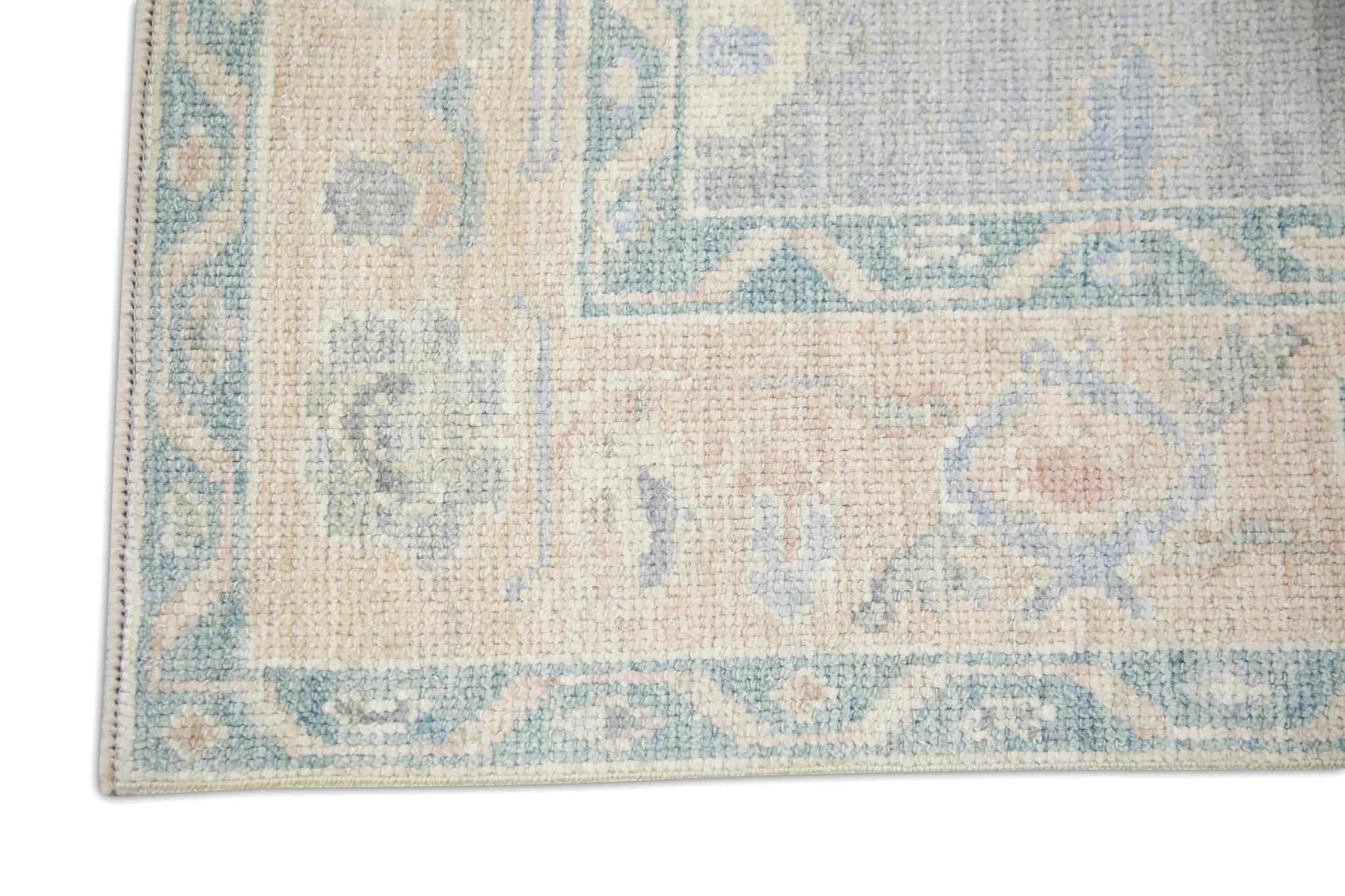 Blue Floral Handwoven Wool Turkish Oushak Rug 4'11