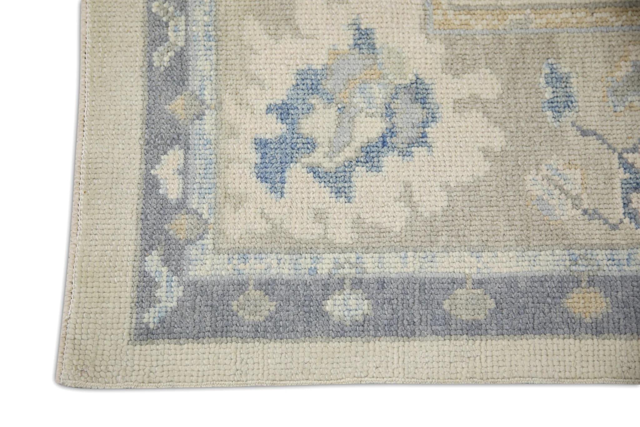 Taupe and Blue Floral Handwoven Wool Turkish Oushak Rug 6' x 8'9