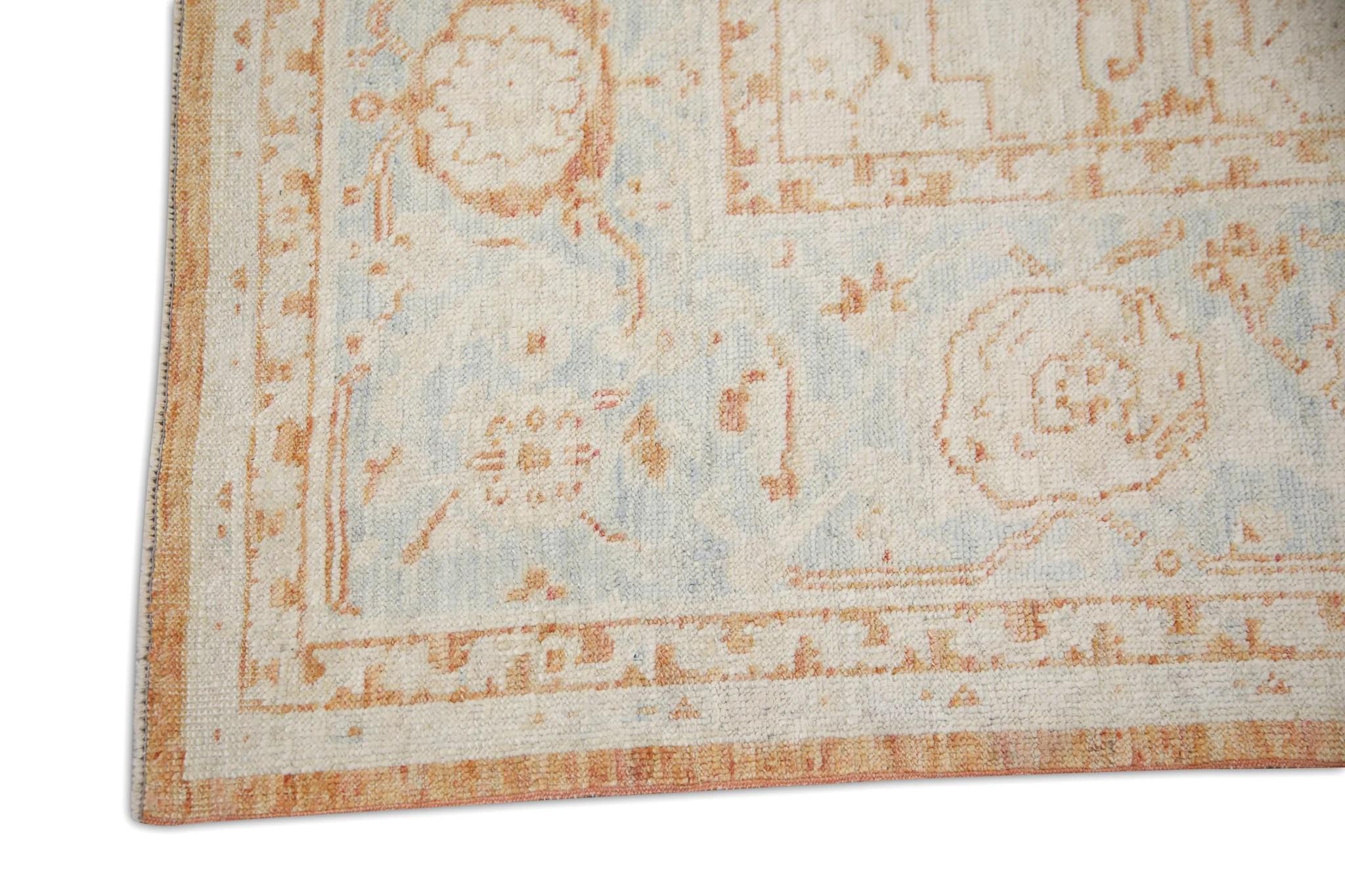 Floral Handwoven Wool Turkish Oushak Rug in Blue and Rust 5'11