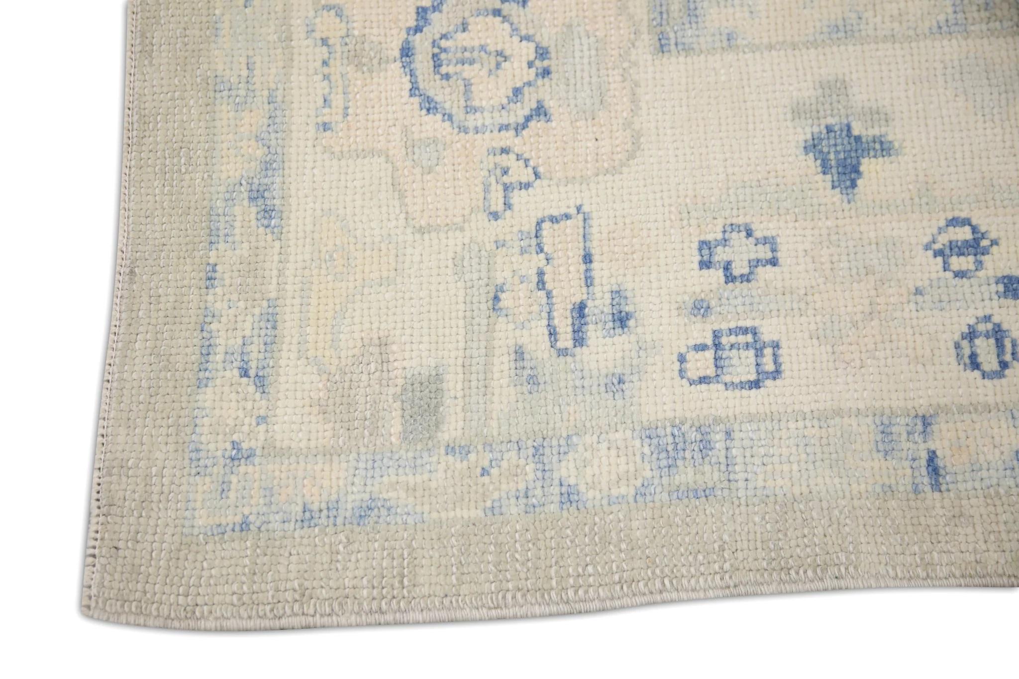 Blue Floral Handwoven Wool Turkish Oushak Rug 6'1