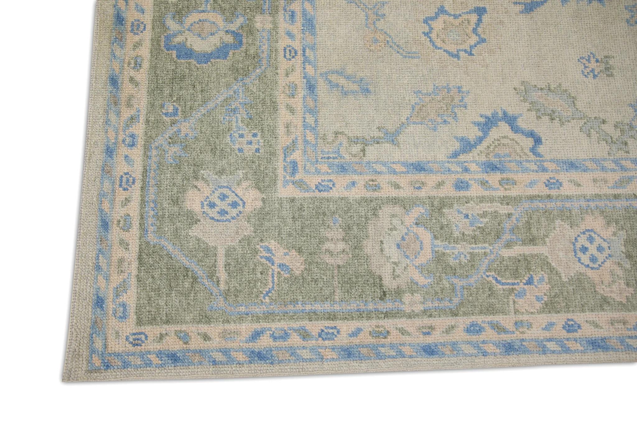 Green and Blue Floral Pattern Handwoven Wool Turkish Oushak Rug 6'10