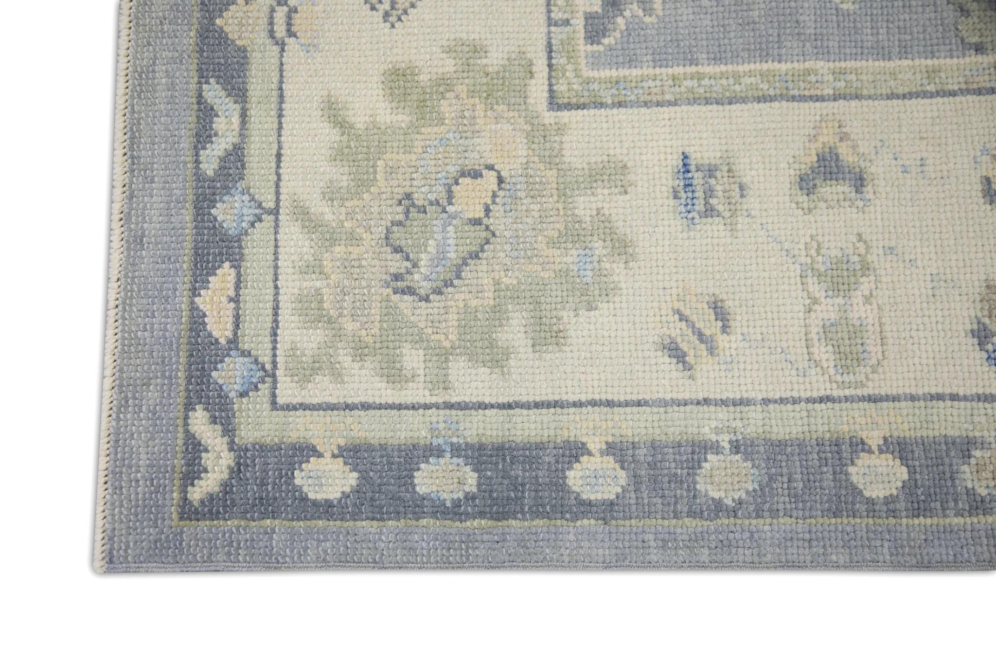 Handwoven Wool Floral Design Turkish Oushak Rug in Periwinkle Blue 5'11