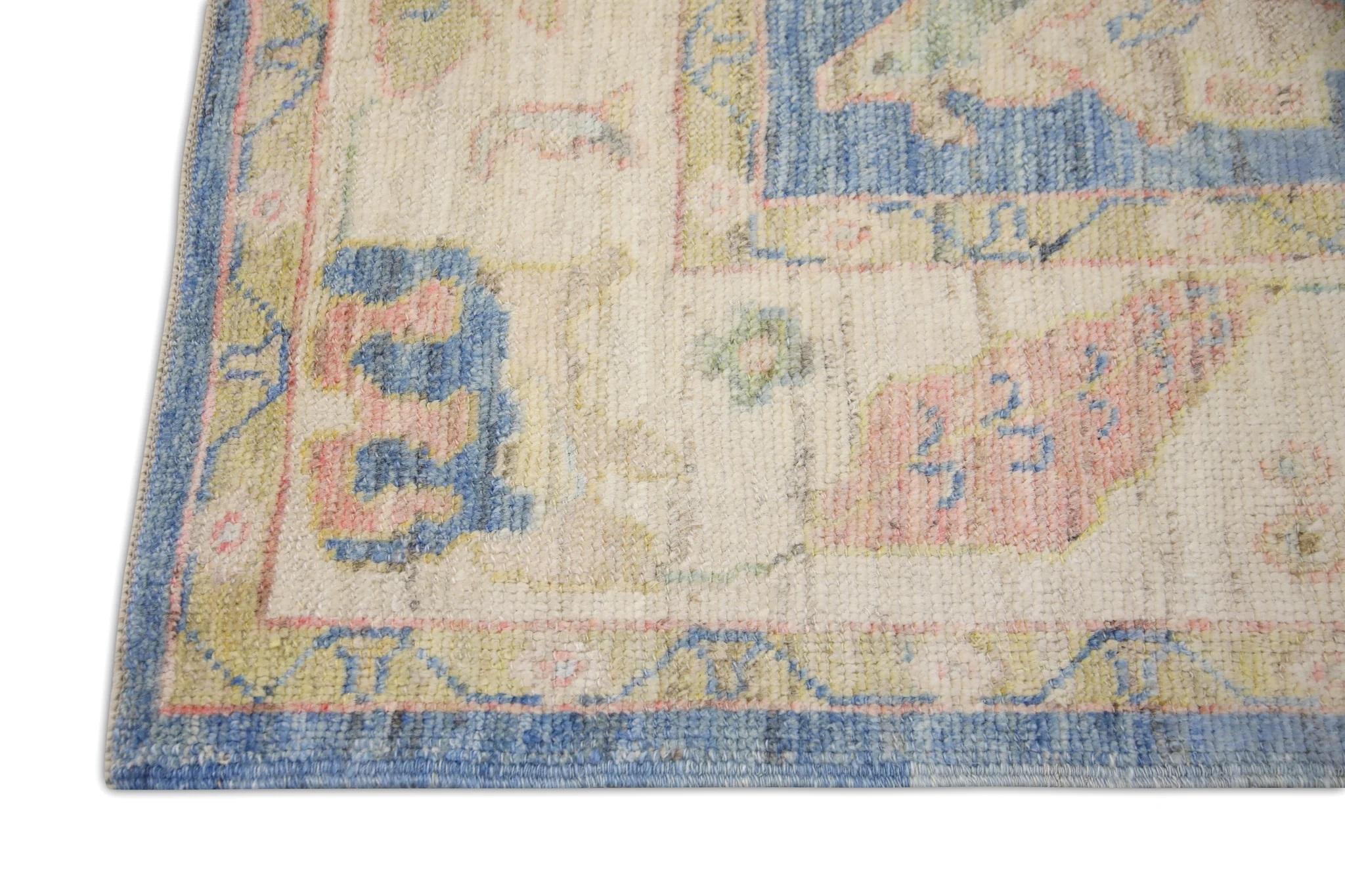 Blue Floral Handwoven Wool Turkish Oushak Rug 7' x 8'7