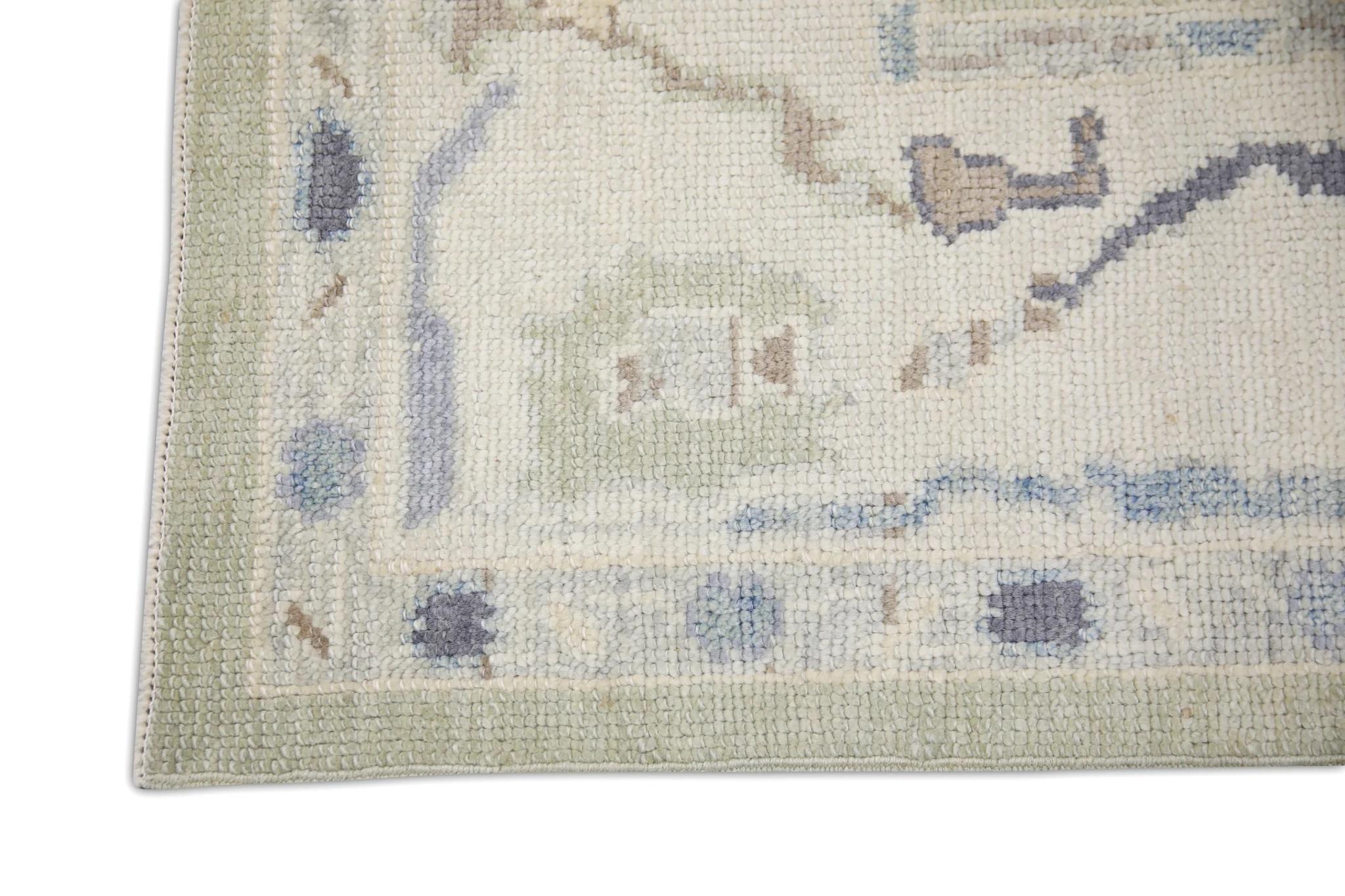 Pale Green Floral Handwoven Wool Turkish Oushak Rug 6' x 8'7