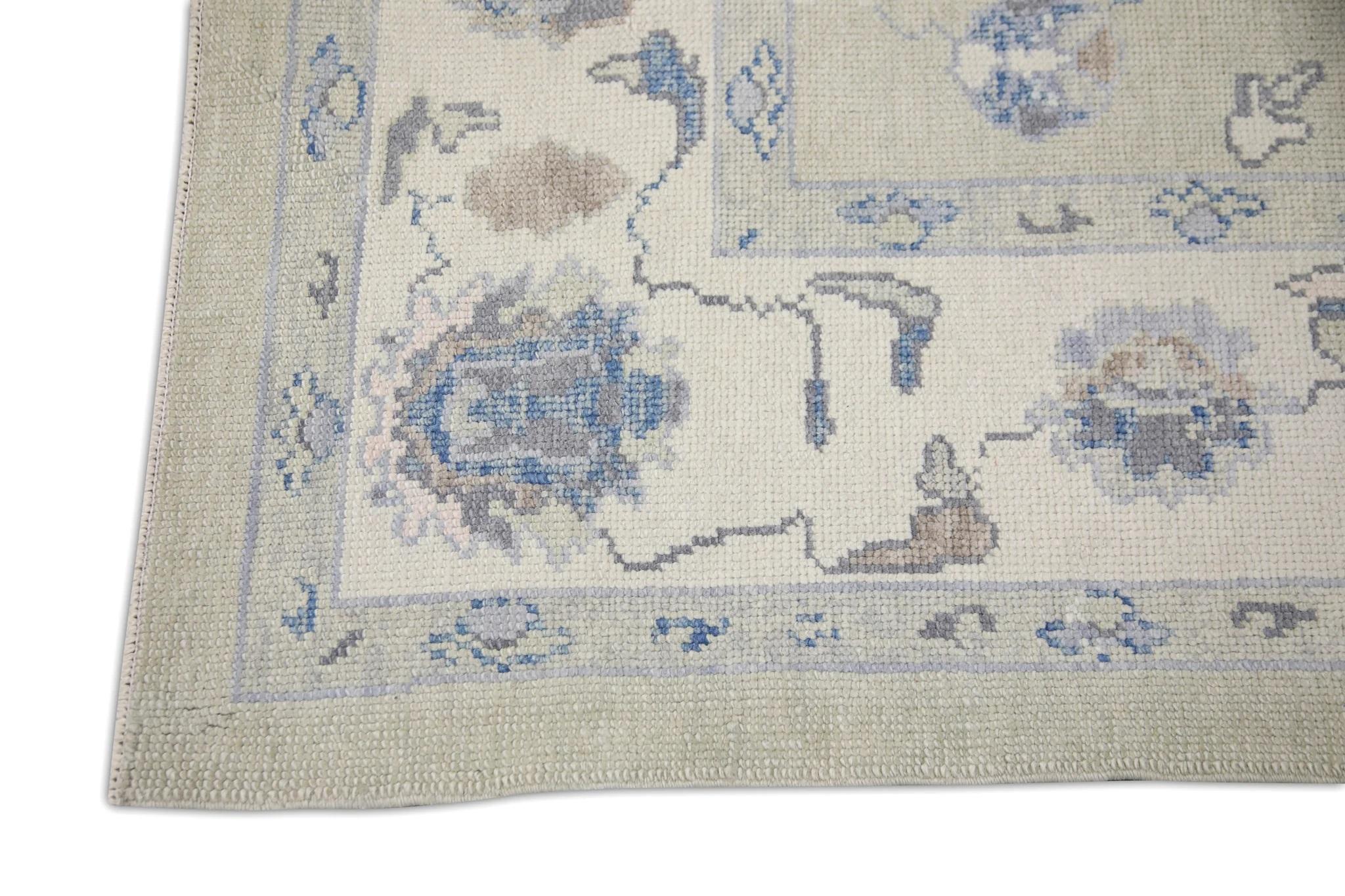 Pale Green Handwoven Wool Turkish Oushak Rug w/ Blue Floral Pattern 6'1