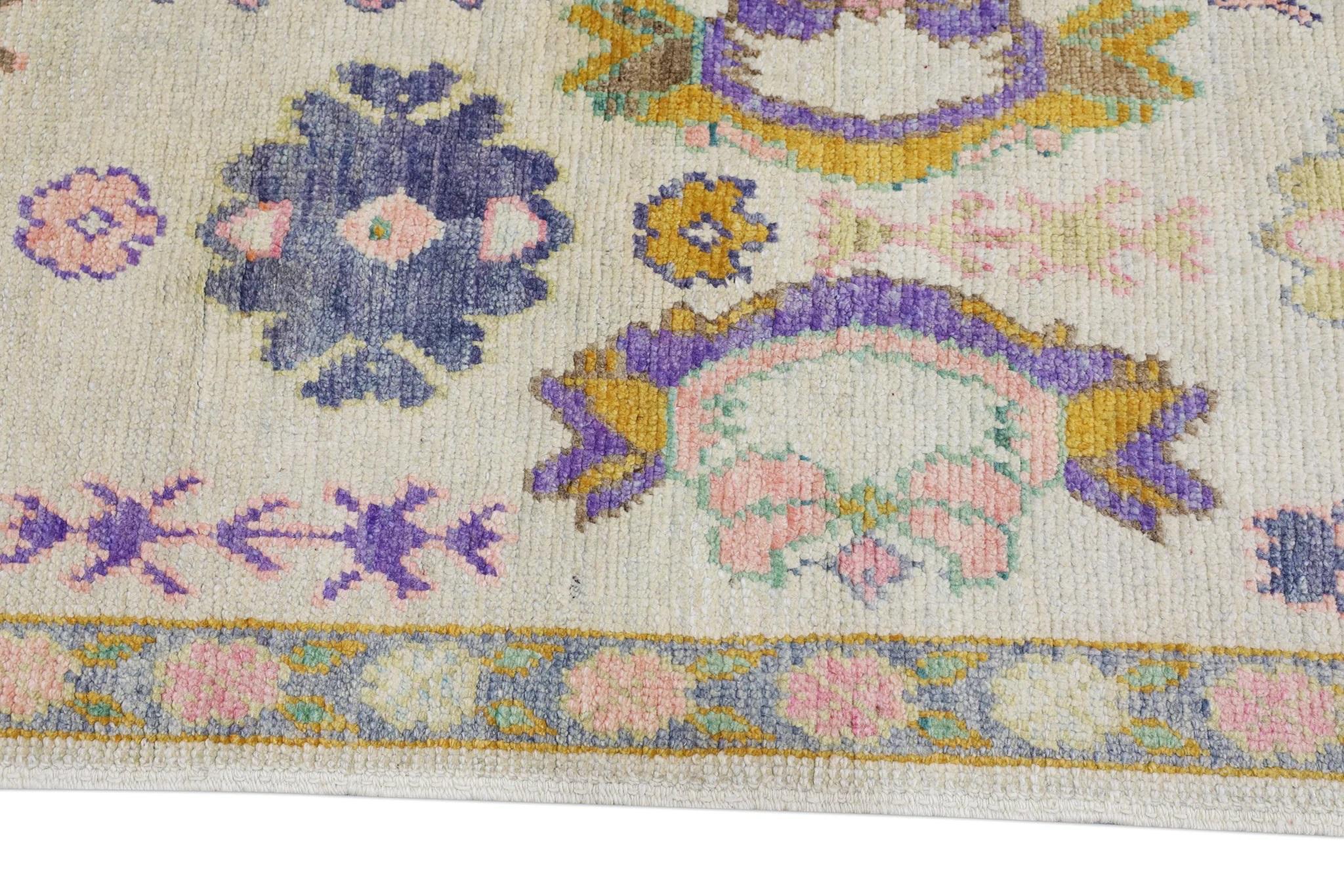Colorful Floral Pattern Turkish Oushak Rug made with Handwoven Wool 2'9