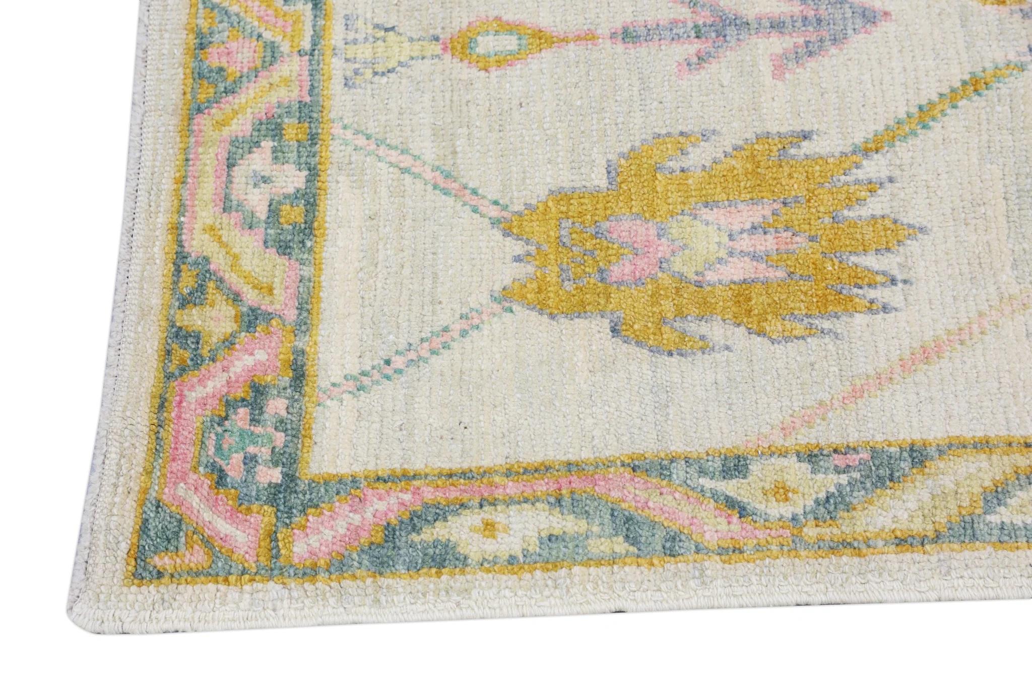 Handwoven Wool Turkish Oushak Rug in Colorful Geometric Floral Pattern 2'9 x 9'3 In New Condition In Houston, TX