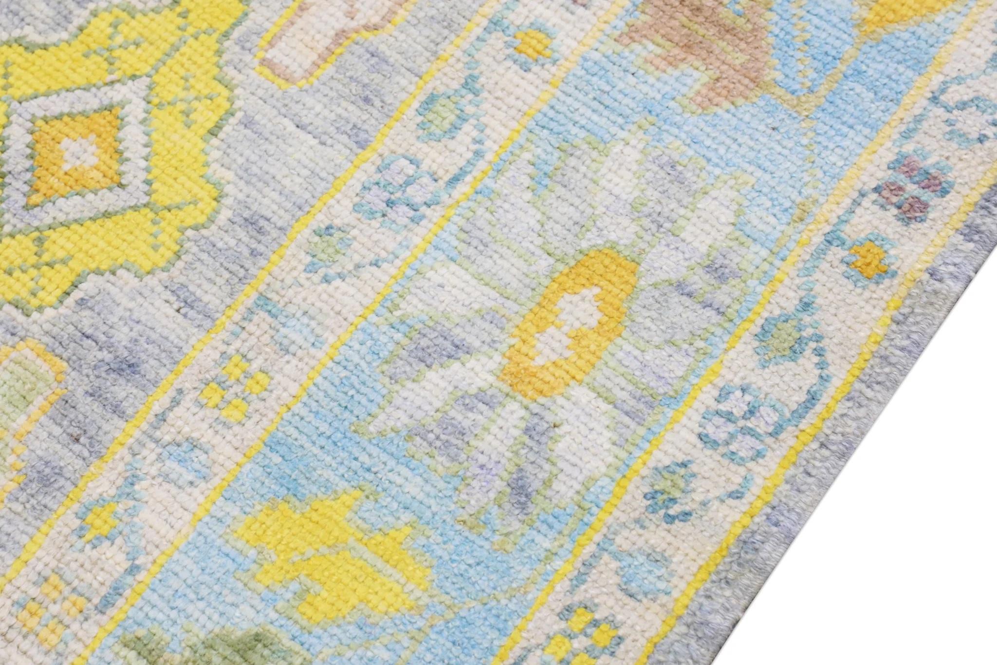 Handwoven Wool Floral Turkish Oushak Rug in Blue, Green, and Yellow 8'1