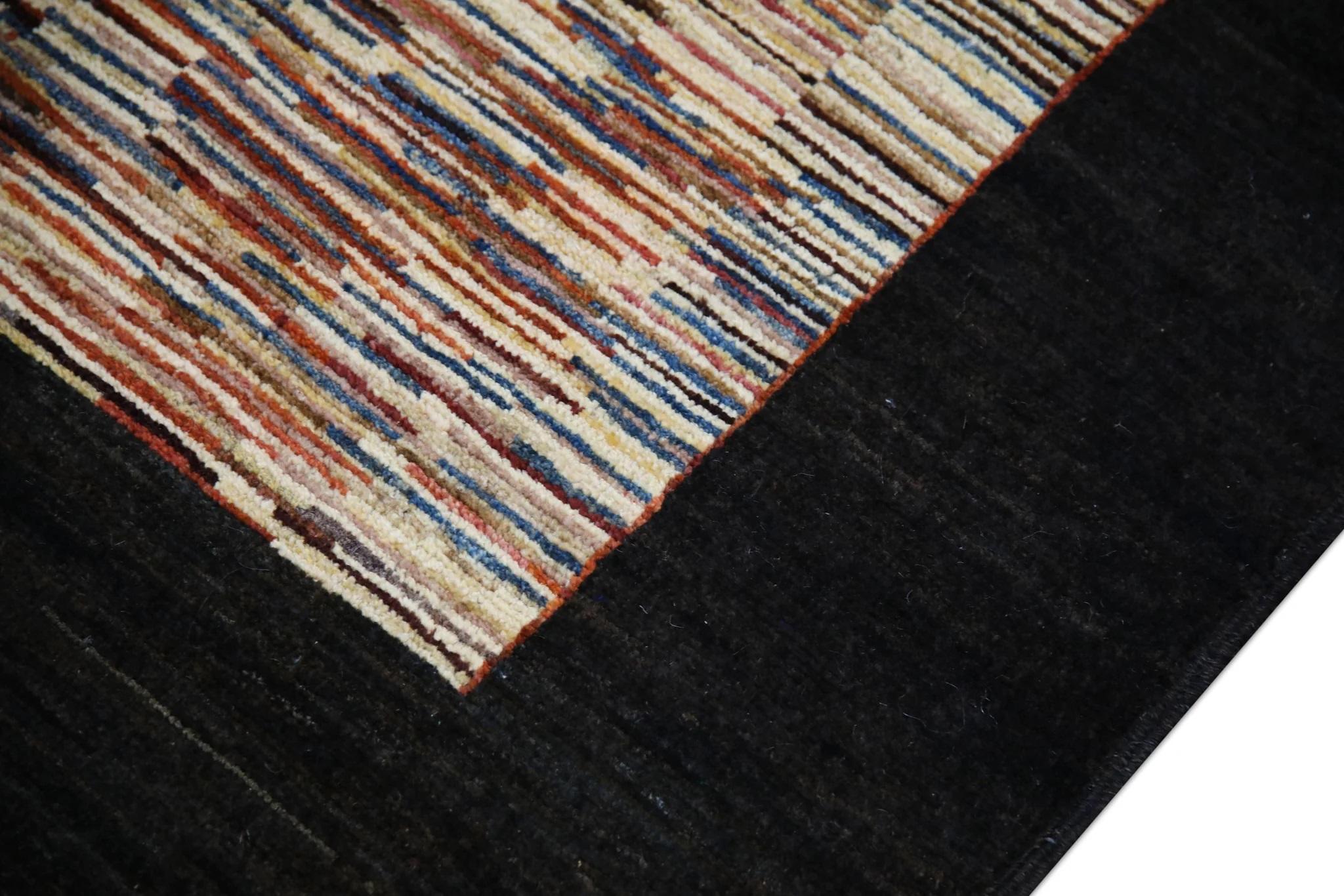 Alfombra Oushak Turca de Lana Tejida a Mano Marrón Oscuro con Diseño de Rayas de Colores 3'3 x 4'9 Teñido con vegetales en venta