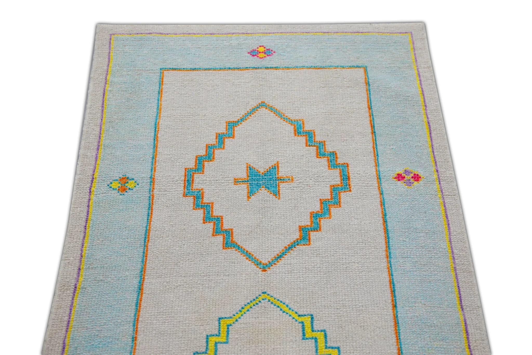 Handwoven Wool Turkish Oushak Rug w/ Bright Colorful Geometric Patterns 2'6x9'10 In New Condition For Sale In Houston, TX